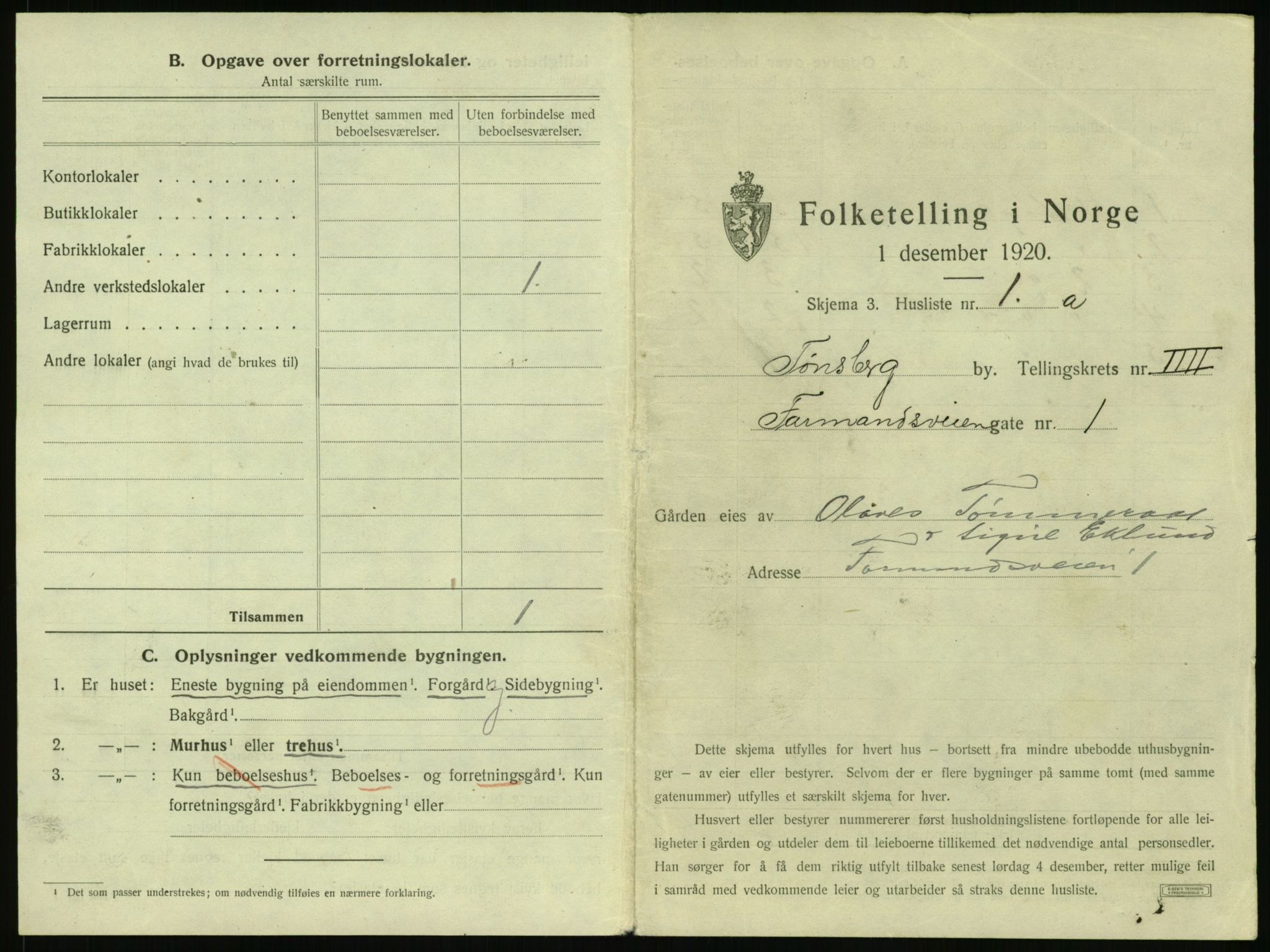 SAKO, 1920 census for Tønsberg, 1920, p. 407