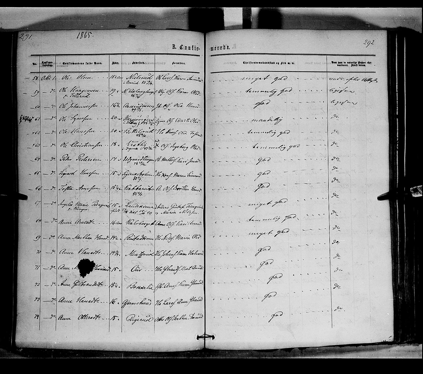 Vinger prestekontor, SAH/PREST-024/H/Ha/Haa/L0011: Parish register (official) no. 11, 1862-1870, p. 292
