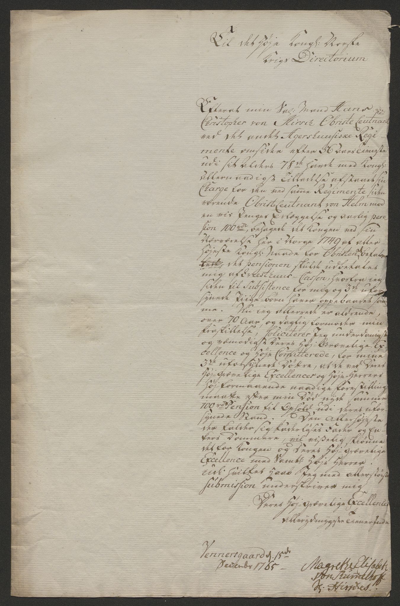 Forsvaret, Den norske kvesthuskasse/krigshospitalkasse, RA/RAFA-1887/F/Fa/L0023: Ansøkninger om pensjon, pengelån m.v., 1765, p. 360