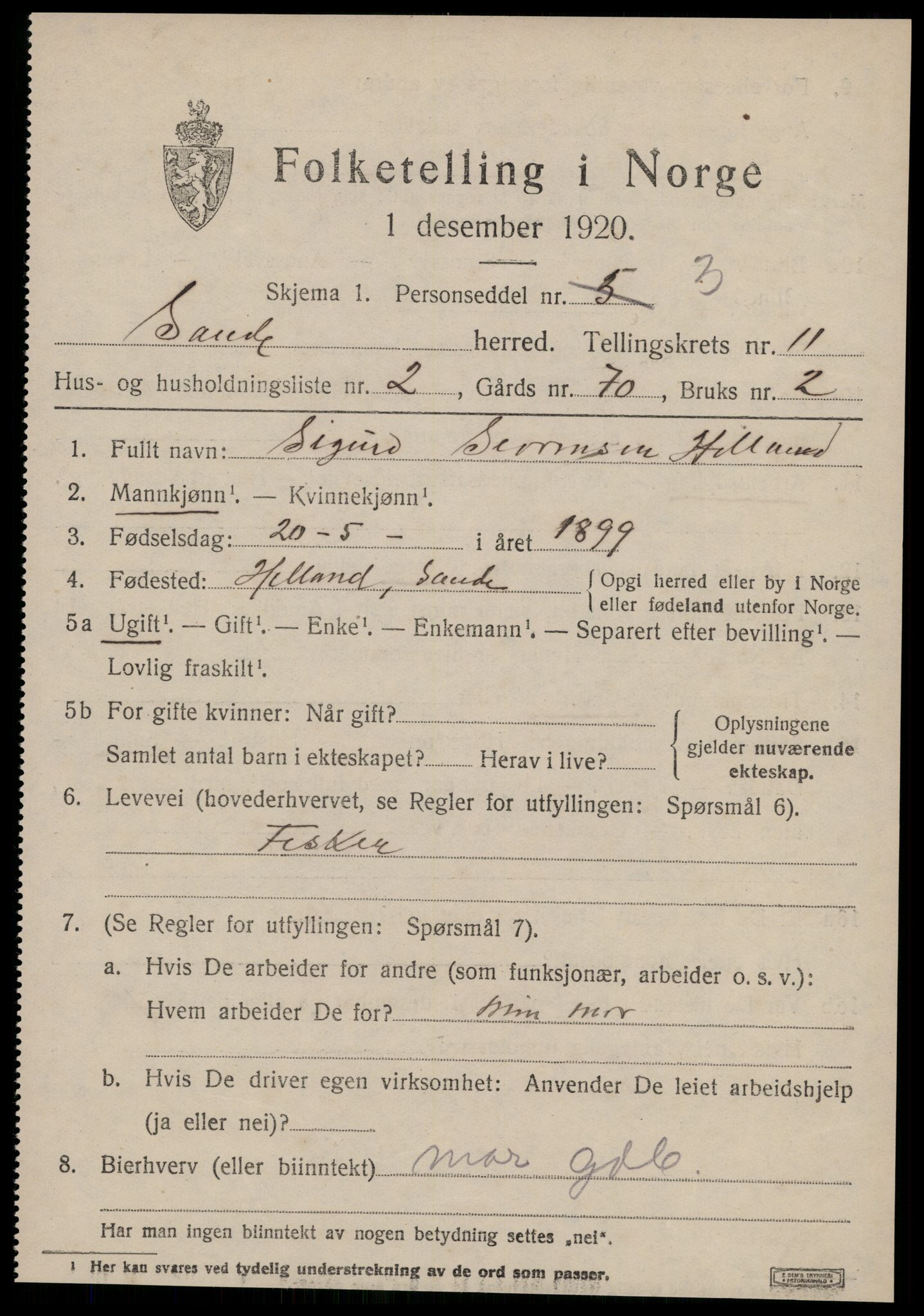 SAT, 1920 census for Sande (MR), 1920, p. 5738