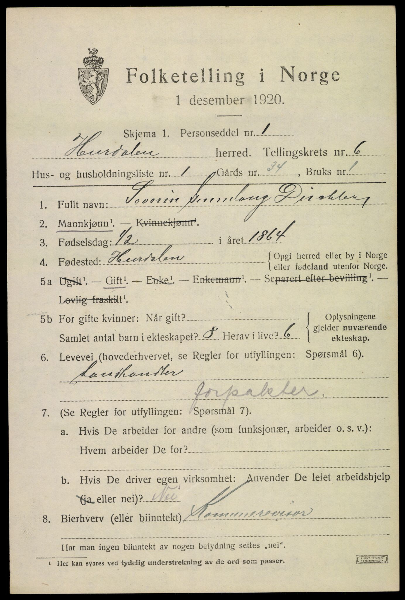 SAO, 1920 census for Hurdal, 1920, p. 3618