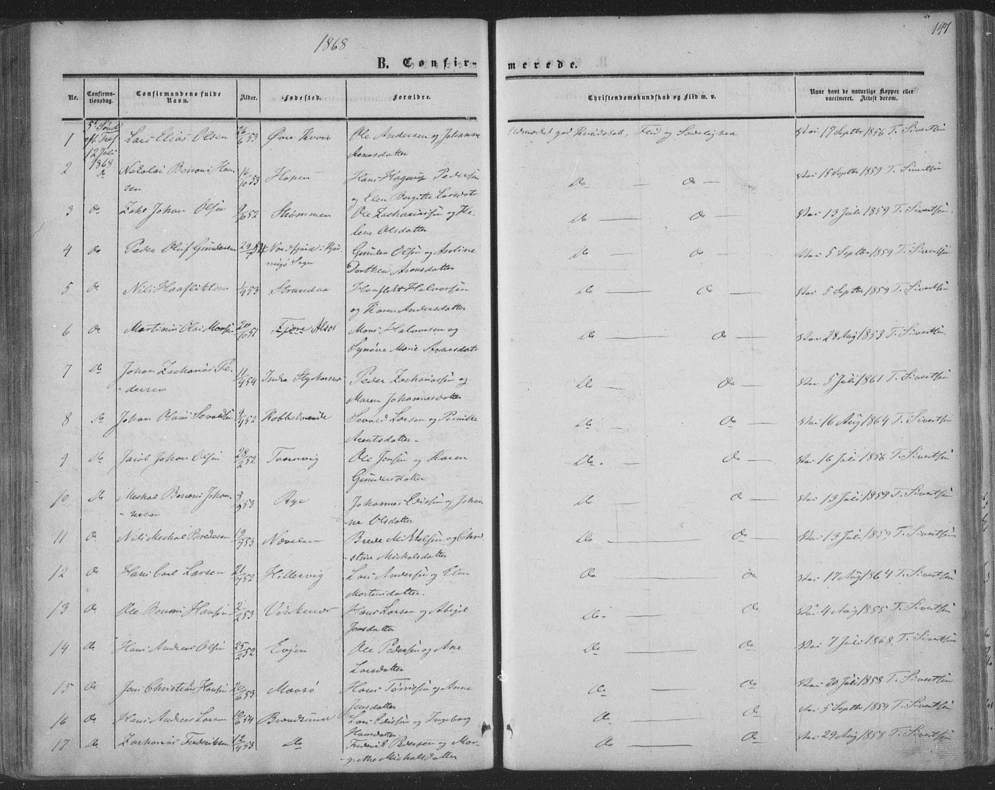 Ministerialprotokoller, klokkerbøker og fødselsregistre - Nordland, AV/SAT-A-1459/853/L0770: Parish register (official) no. 853A09, 1857-1870, p. 147