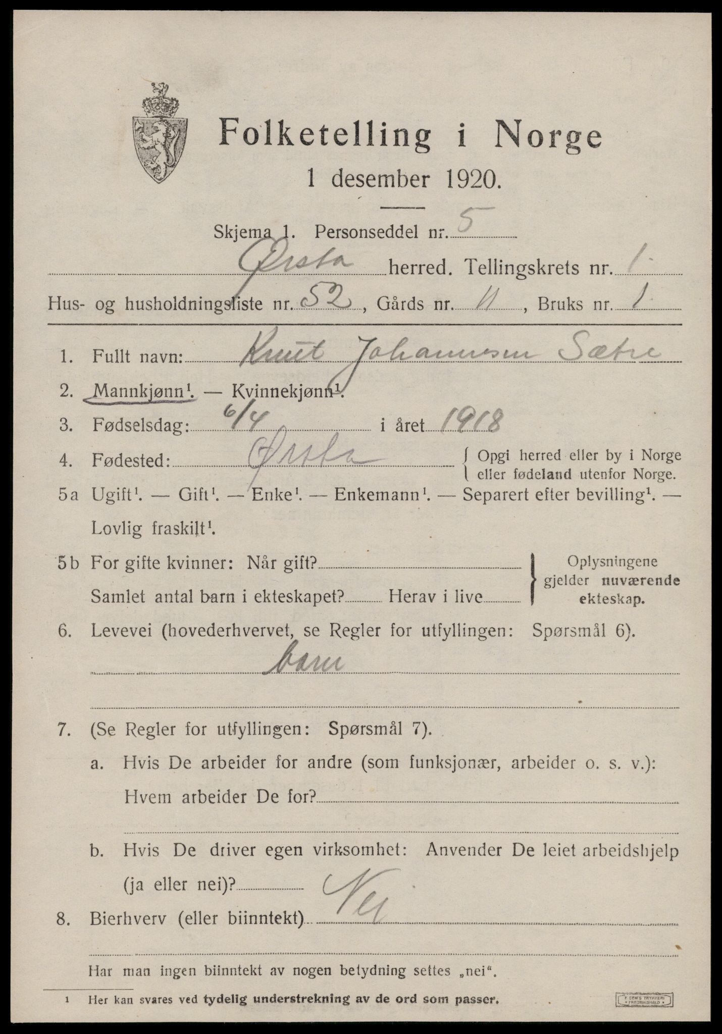 SAT, 1920 census for Ørsta, 1920, p. 1724