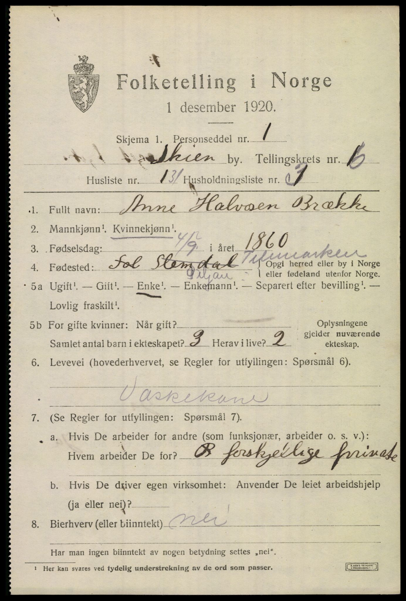 SAKO, 1920 census for Skien, 1920, p. 24260