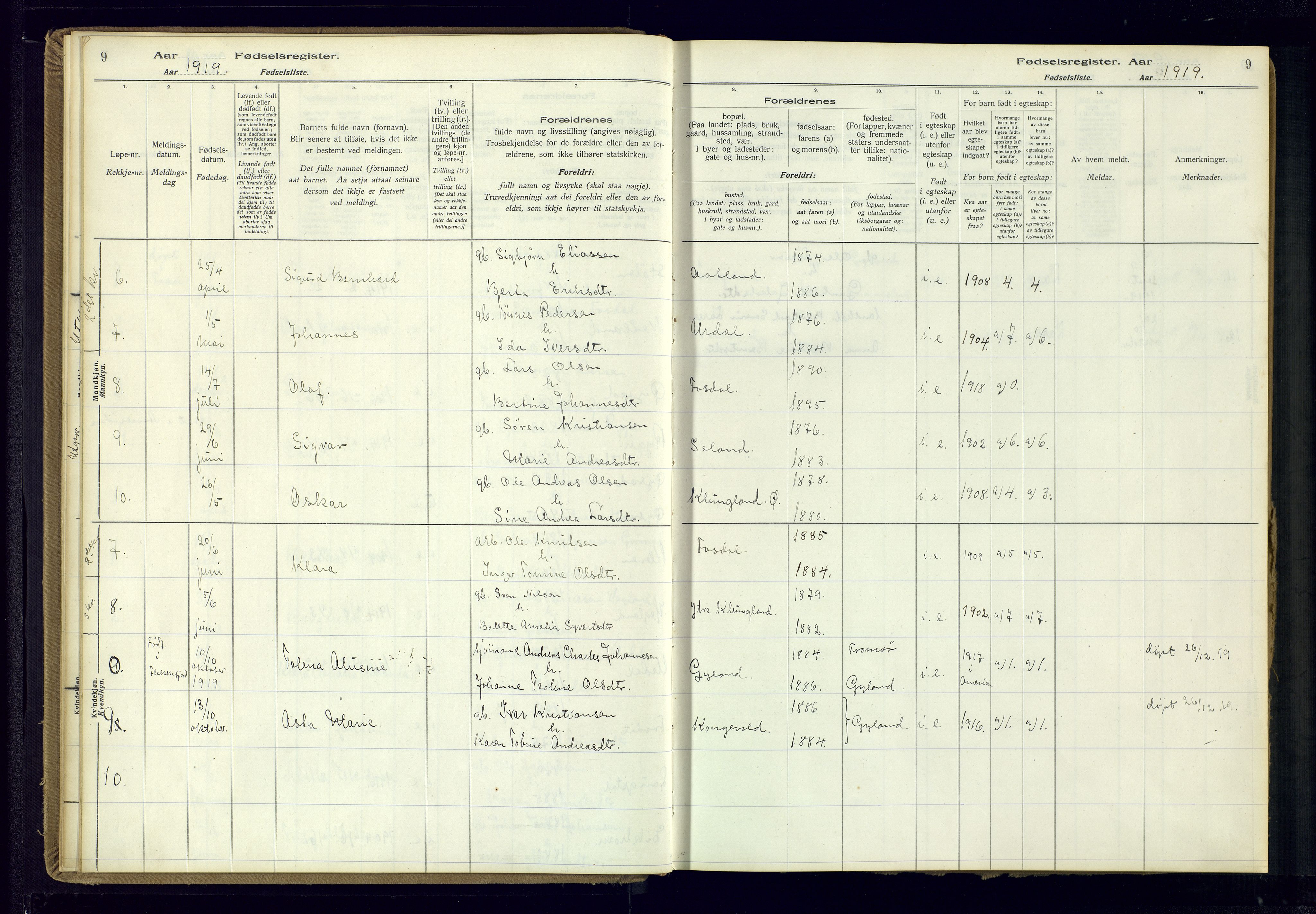 Bakke sokneprestkontor, AV/SAK-1111-0002/J/Ja/L0002: Birth register no. A-VI-19, 1916-1982, p. 9