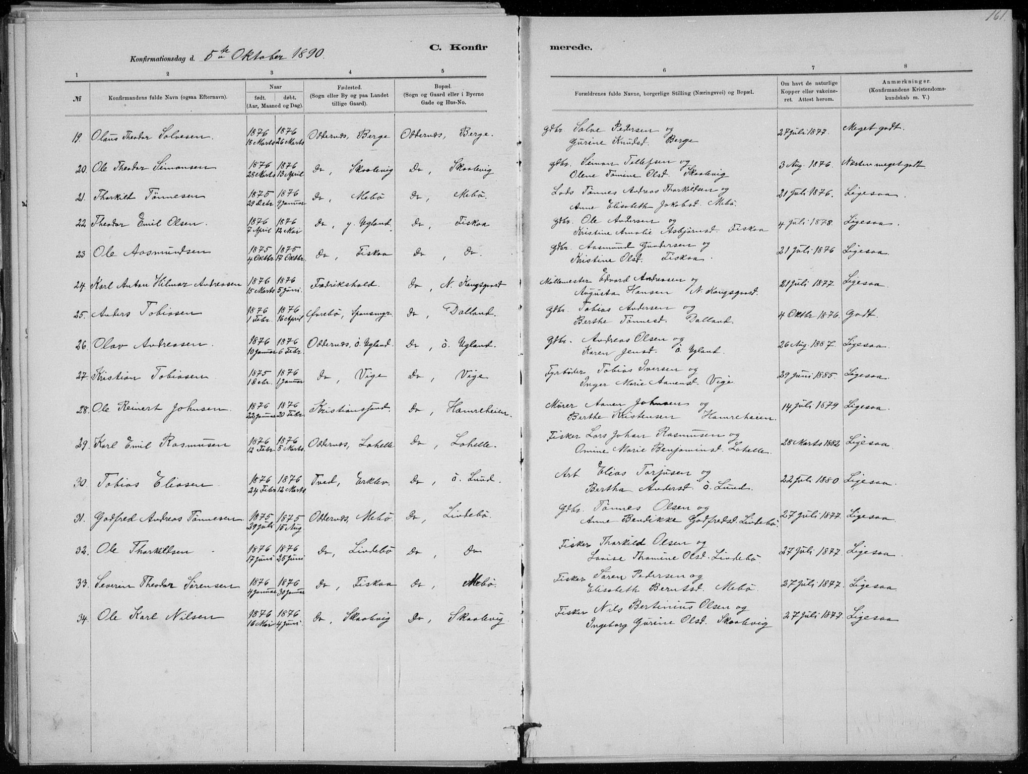 Oddernes sokneprestkontor, AV/SAK-1111-0033/F/Fa/Faa/L0009: Parish register (official) no. A 9, 1884-1896, p. 161