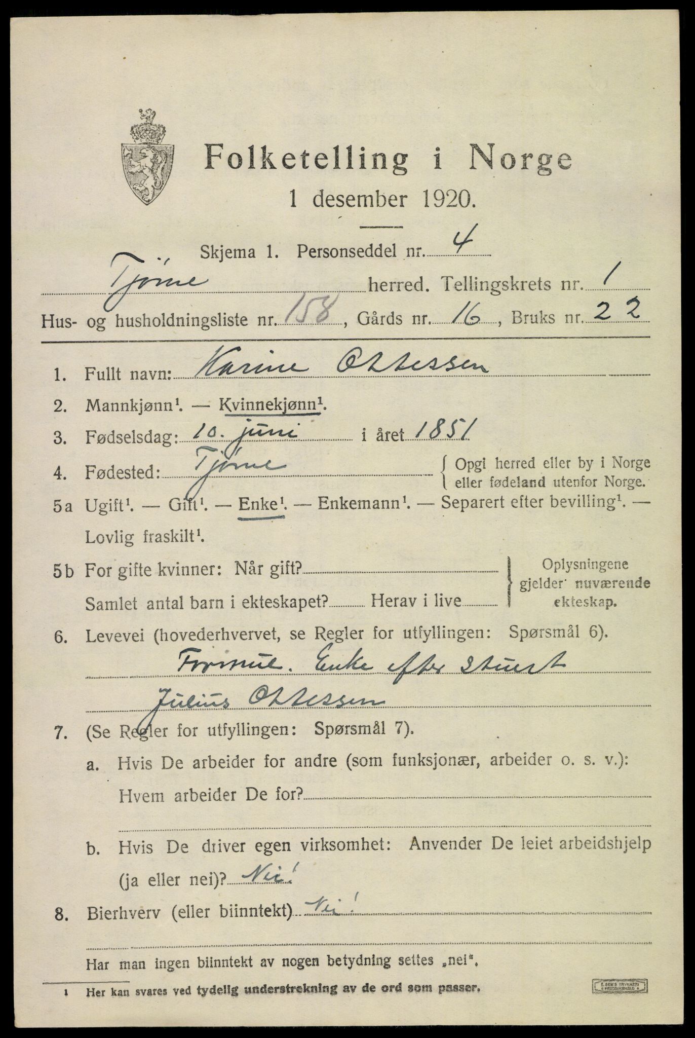 SAKO, 1920 census for Tjøme, 1920, p. 2889