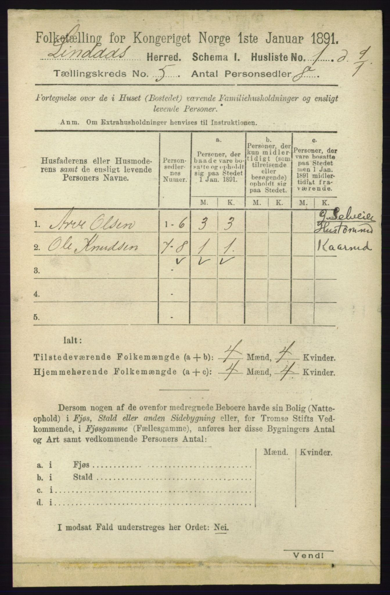 RA, 1891 census for 1263 Lindås, 1891, p. 1396