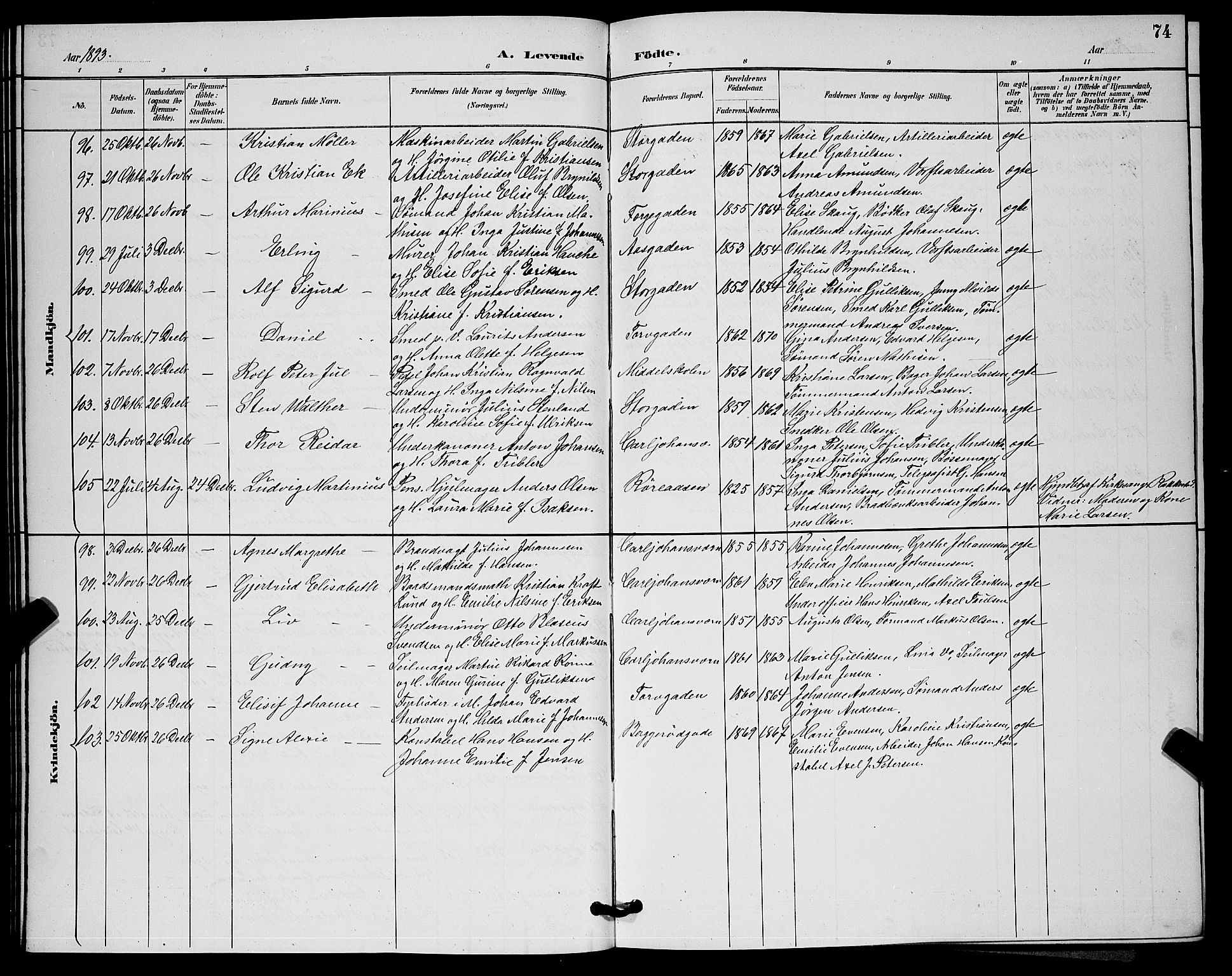 Horten kirkebøker, AV/SAKO-A-348/G/Ga/L0005: Parish register (copy) no. 5, 1888-1895, p. 74