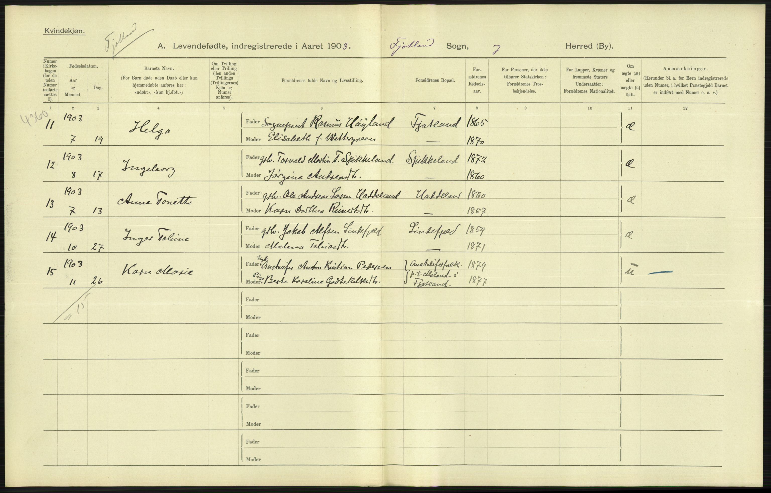 Statistisk sentralbyrå, Sosiodemografiske emner, Befolkning, AV/RA-S-2228/D/Df/Dfa/Dfaa/L0011: Lister og Mandal amt: Fødte, gifte, døde, 1903, p. 47