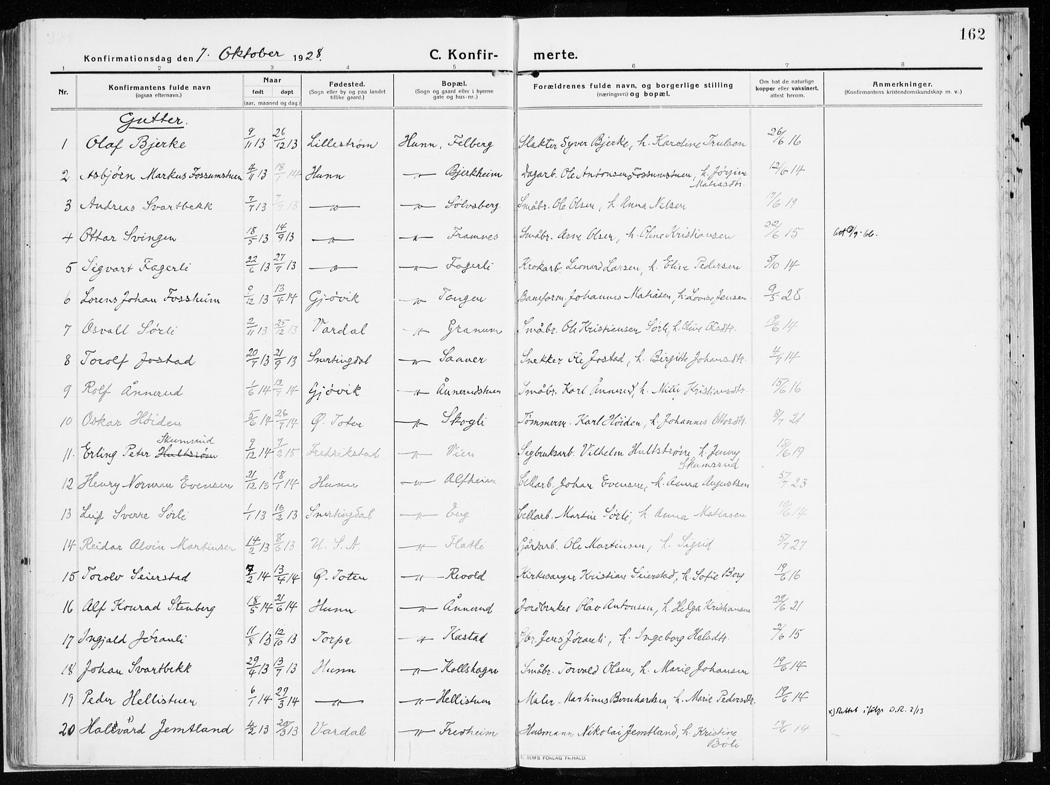 Vardal prestekontor, SAH/PREST-100/H/Ha/Haa/L0017: Parish register (official) no. 17, 1915-1929, p. 162