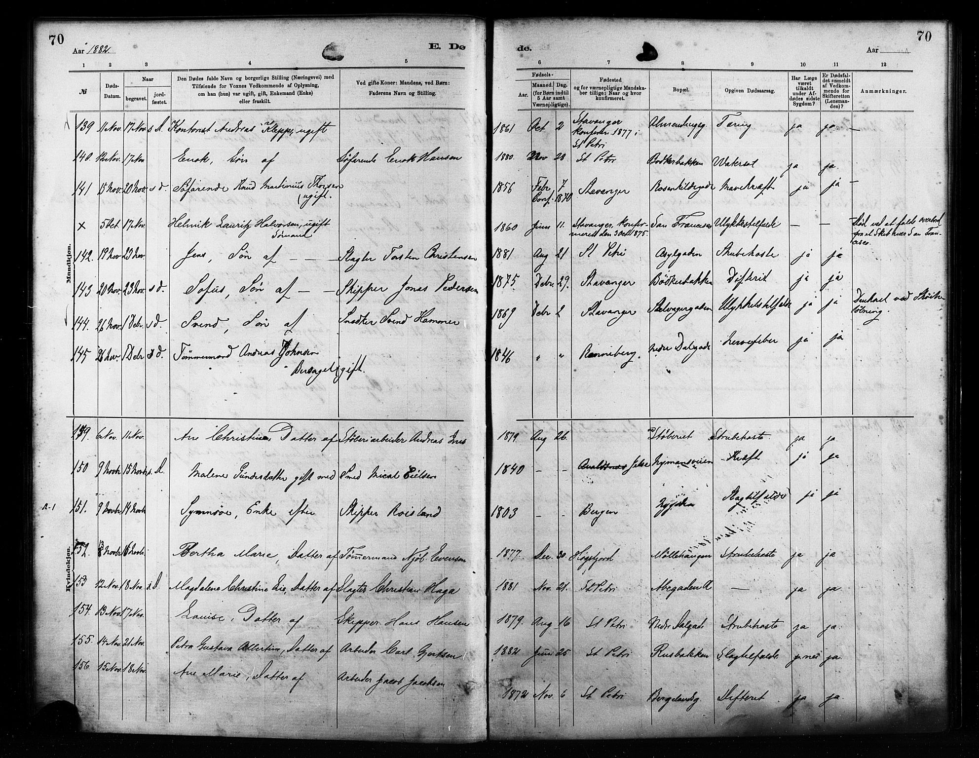 St. Petri sokneprestkontor, AV/SAST-A-101813/001/30/30BA/L0017: Parish register (official) no. A 17, 1879-1895, p. 70