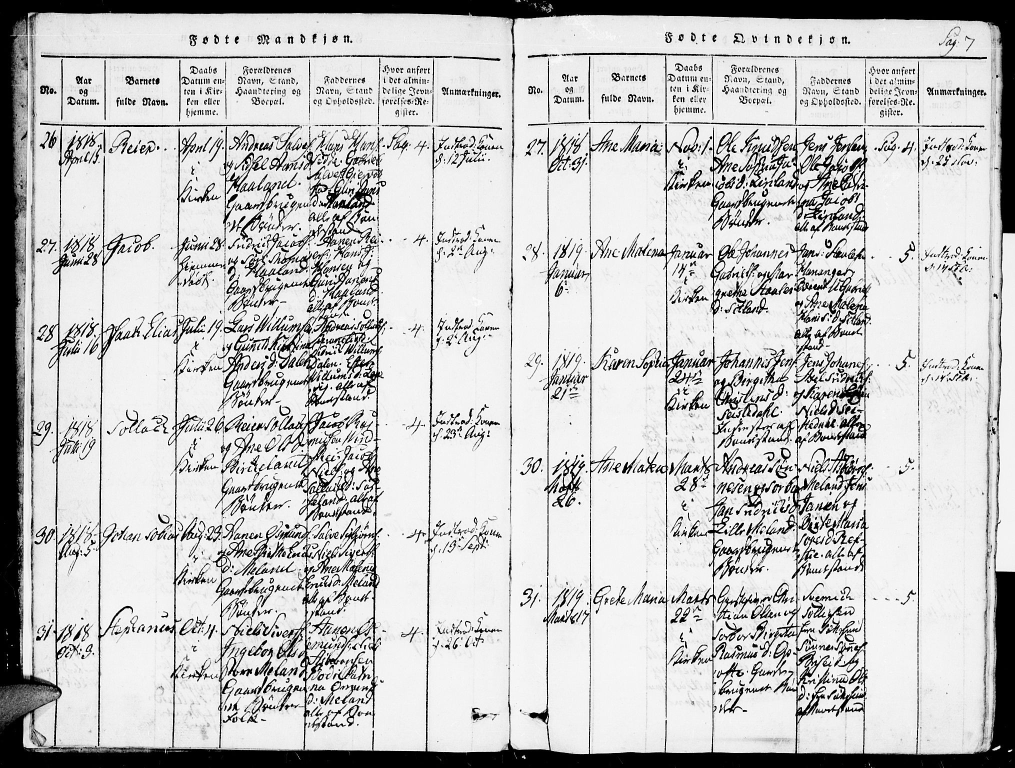 Kvinesdal sokneprestkontor, SAK/1111-0026/F/Fa/Faa/L0001: Parish register (official) no. A 1, 1815-1849, p. 7