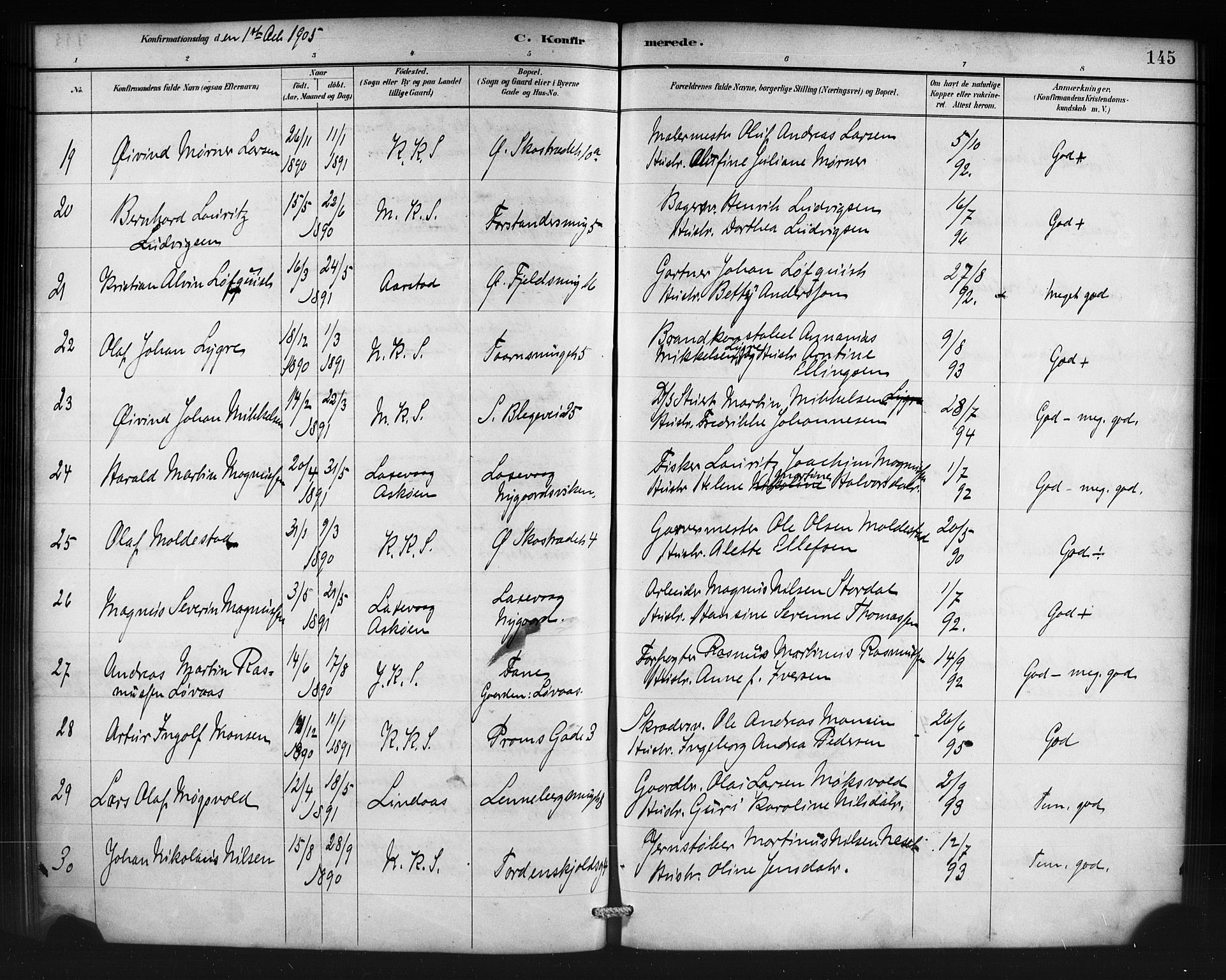 Korskirken sokneprestembete, SAB/A-76101/H/Haa/L0071: Curate's parish register no. A 6, 1885-1912, p. 145