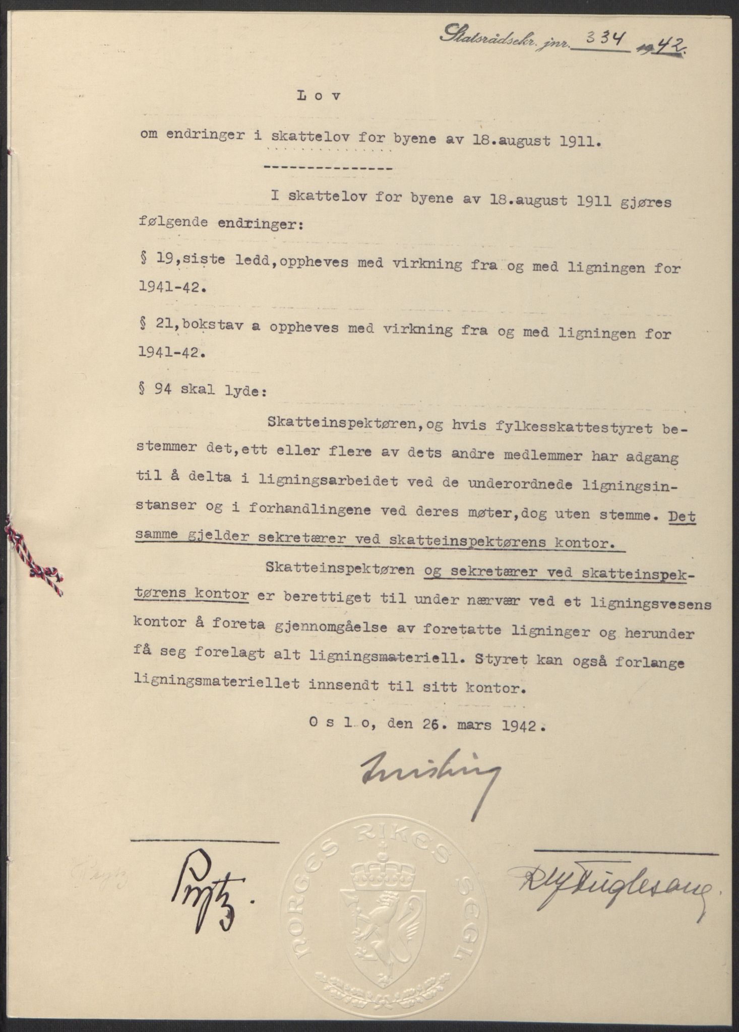 NS-administrasjonen 1940-1945 (Statsrådsekretariatet, de kommisariske statsråder mm), RA/S-4279/D/Db/L0097: Lover I, 1942, p. 239