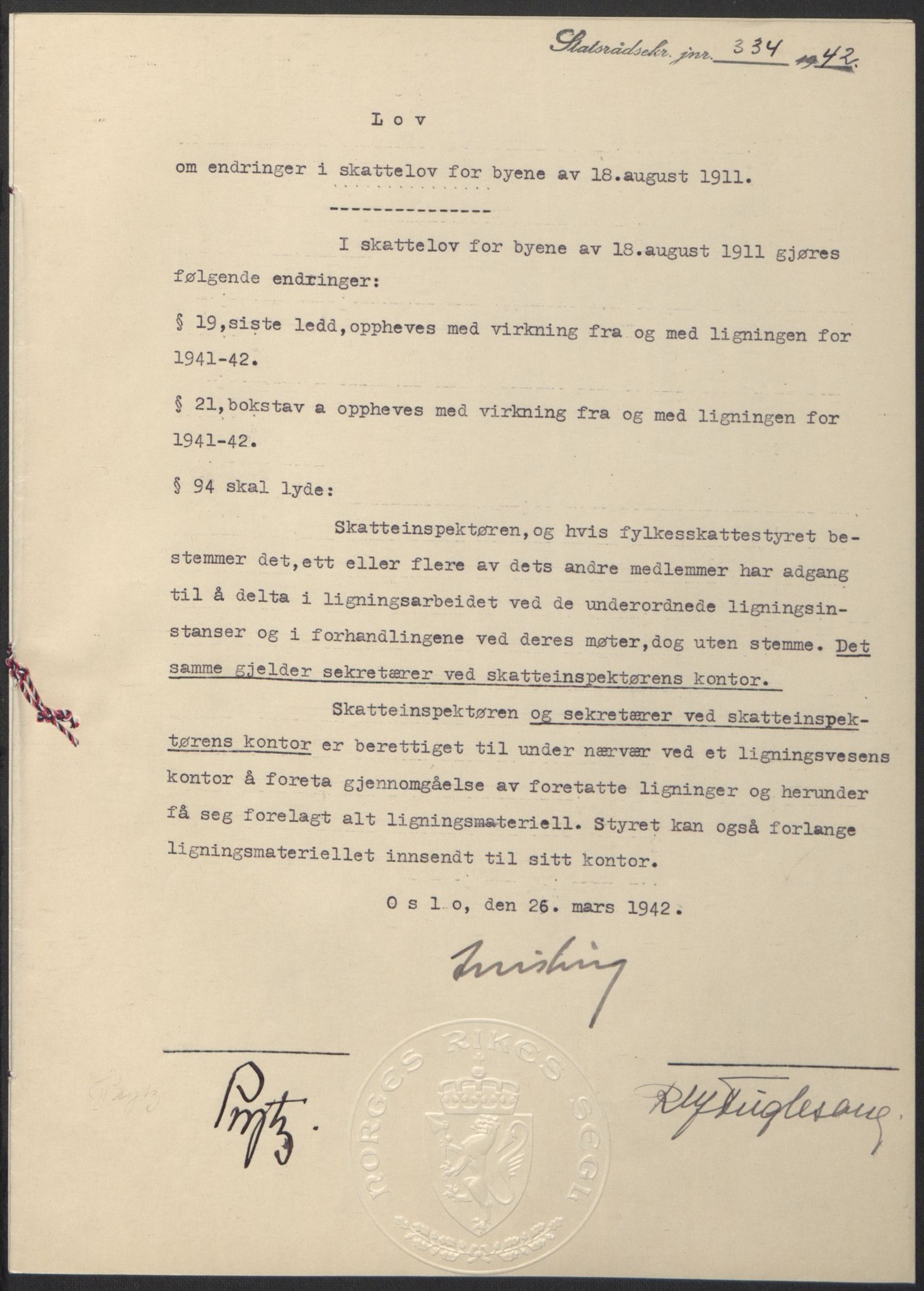 NS-administrasjonen 1940-1945 (Statsrådsekretariatet, de kommisariske statsråder mm), AV/RA-S-4279/D/Db/L0097: Lover I, 1942, p. 239