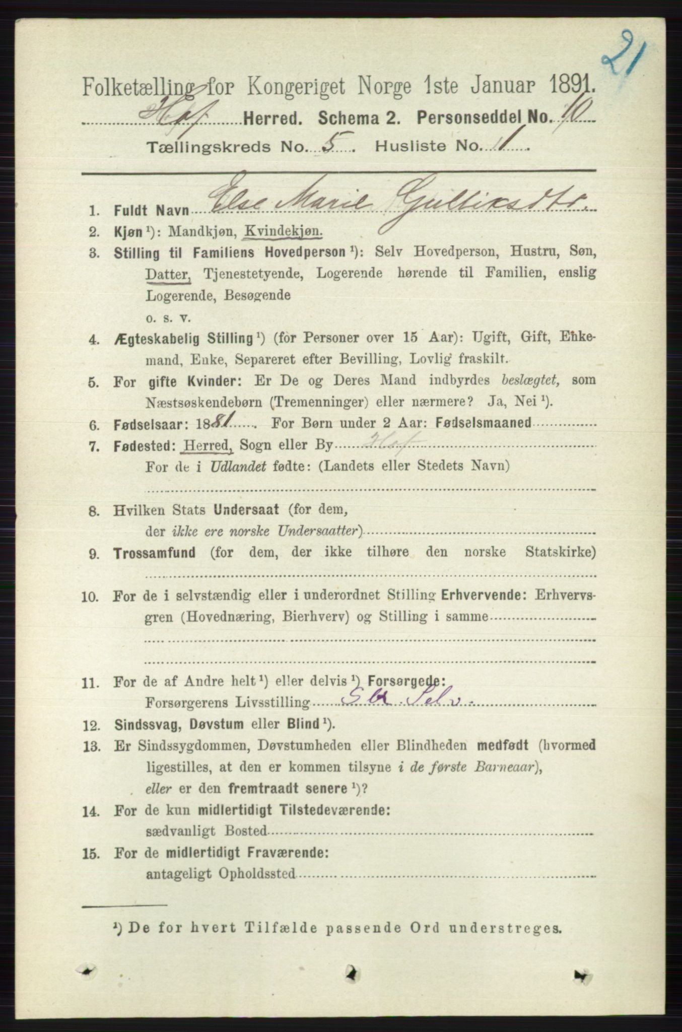 RA, 1891 census for 0714 Hof, 1891, p. 1502