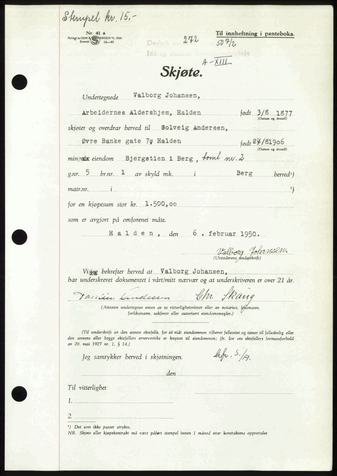 Idd og Marker sorenskriveri, AV/SAO-A-10283/G/Gb/Gbb/L0013: Mortgage book no. A13, 1949-1950, Diary no: : 272/1950