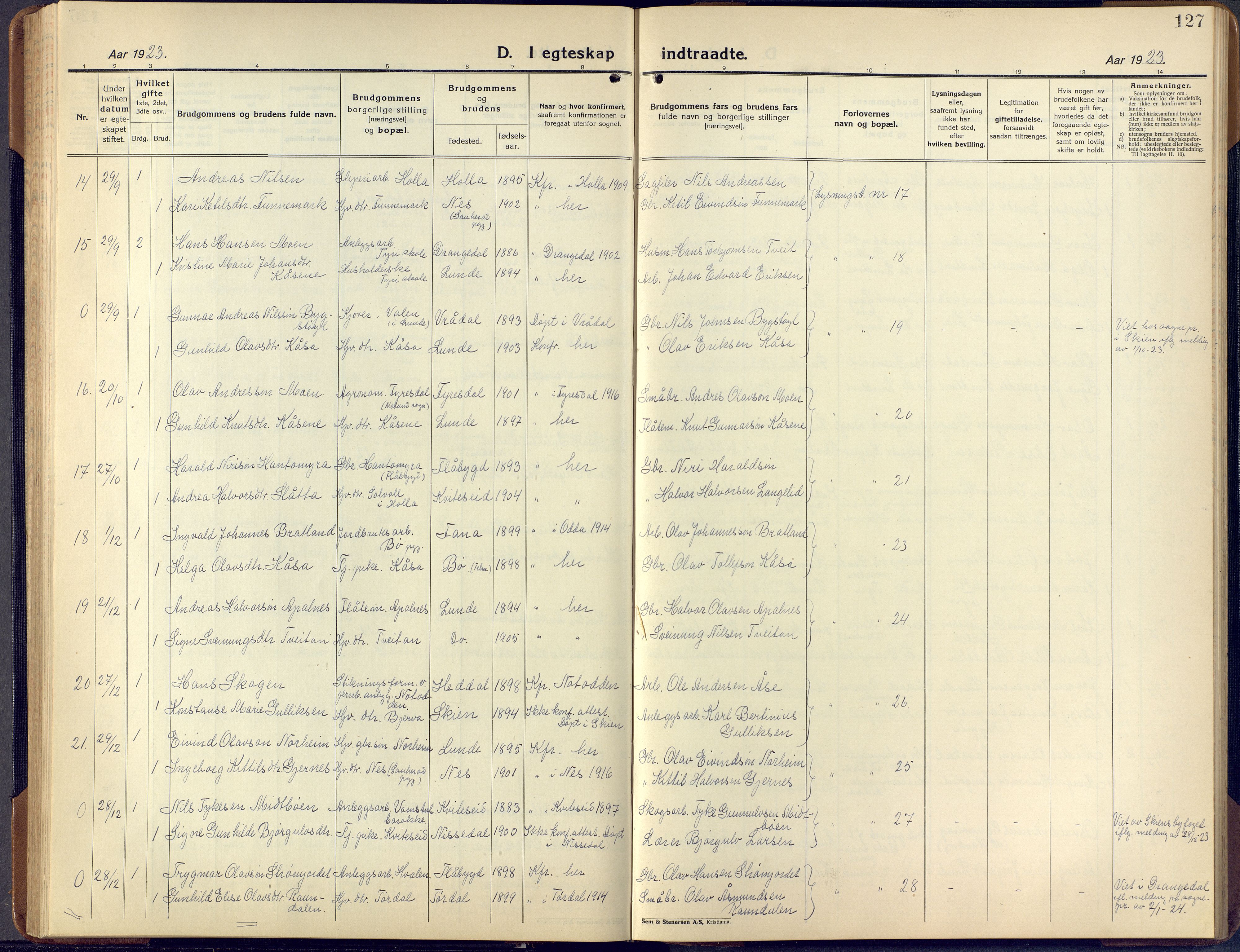 Lunde kirkebøker, SAKO/A-282/F/Fa/L0006: Parish register (official) no. I 6, 1922-1940, p. 127