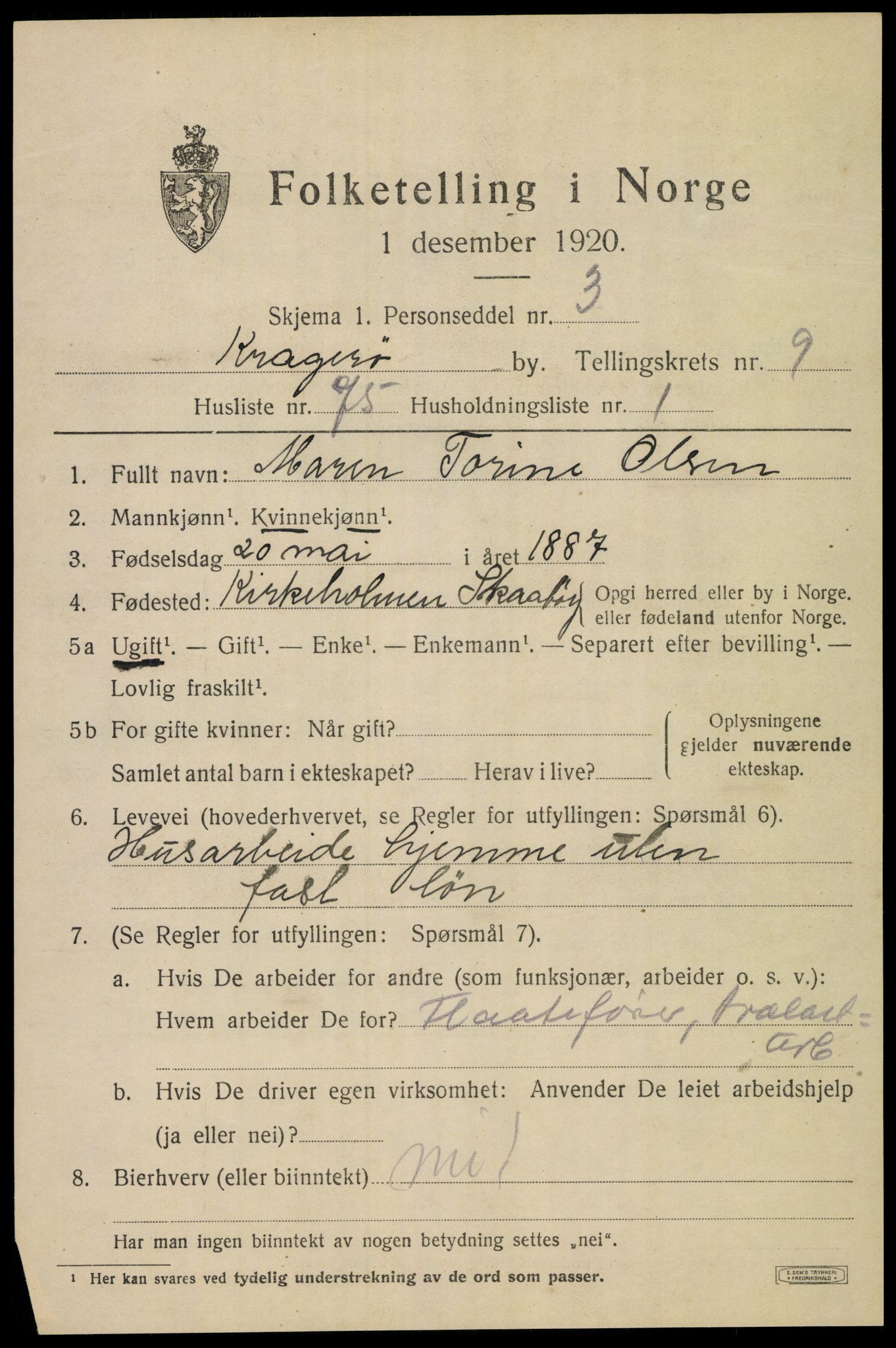 SAKO, 1920 census for Kragerø, 1920, p. 13009