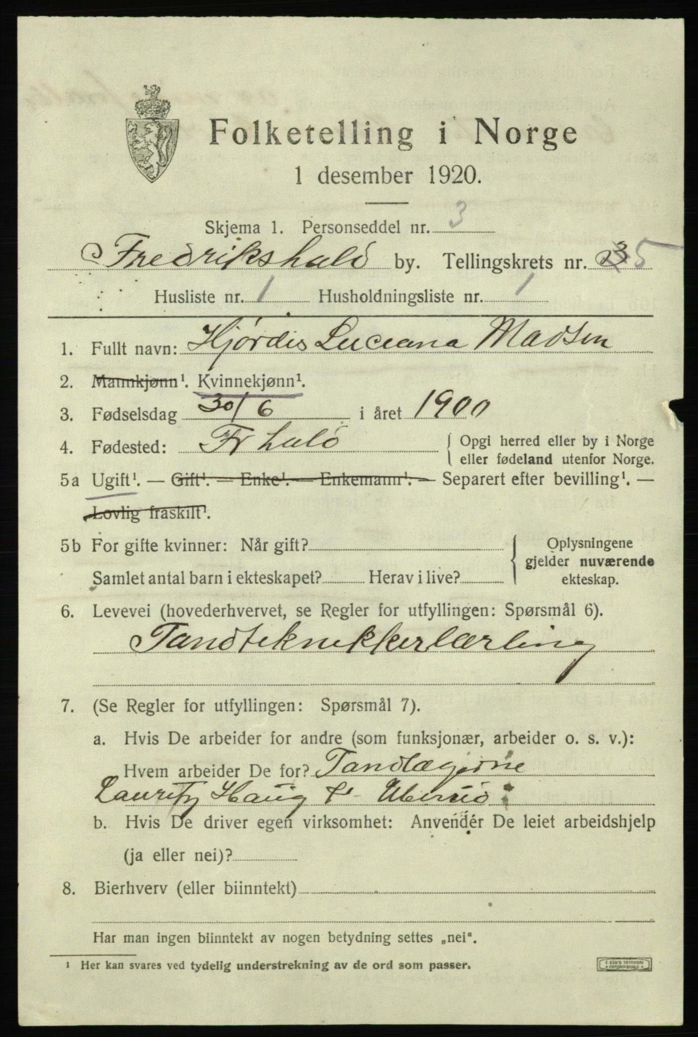SAO, 1920 census for Fredrikshald, 1920, p. 11866