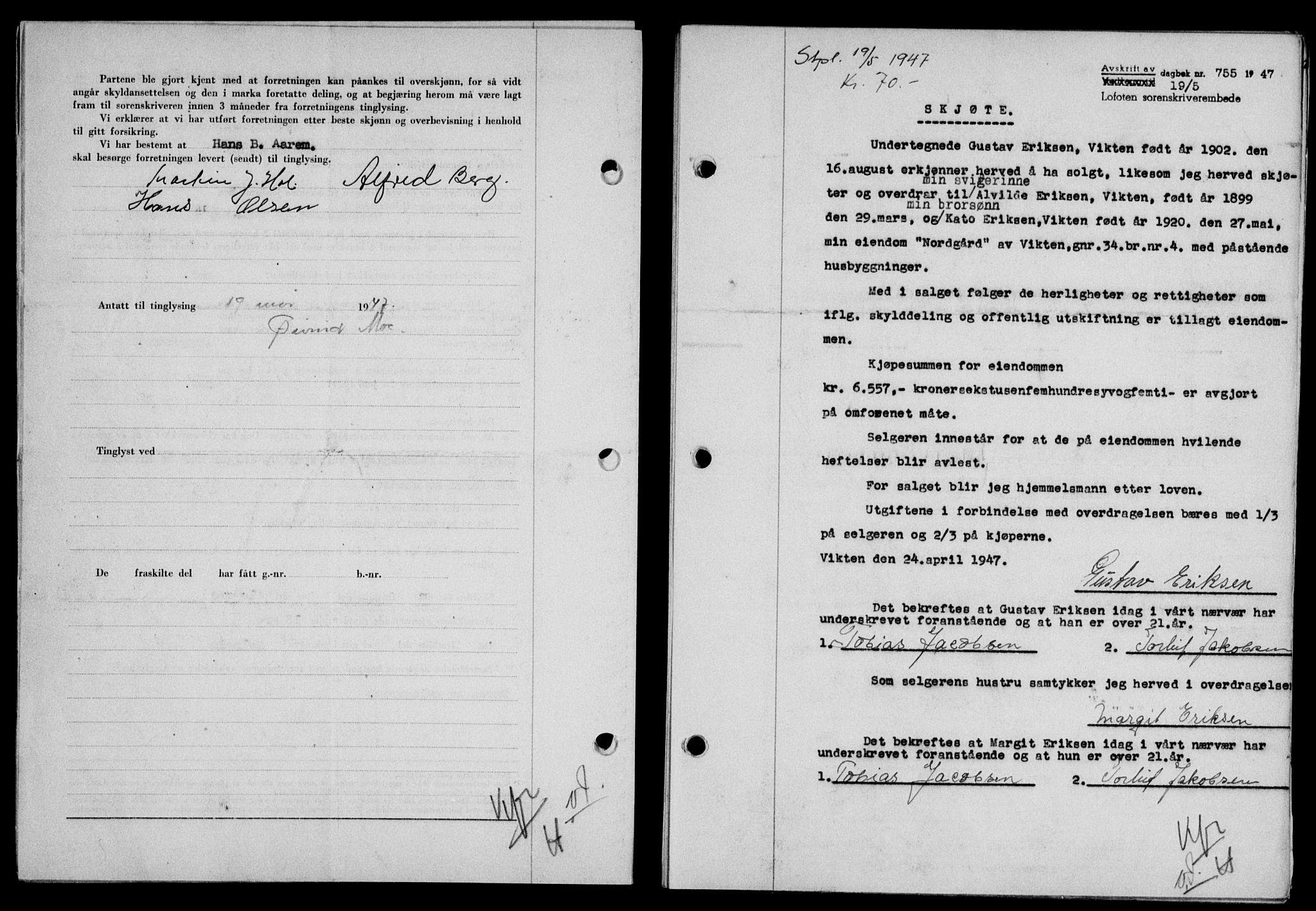 Lofoten sorenskriveri, SAT/A-0017/1/2/2C/L0016a: Mortgage book no. 16a, 1947-1947, Diary no: : 755/1947