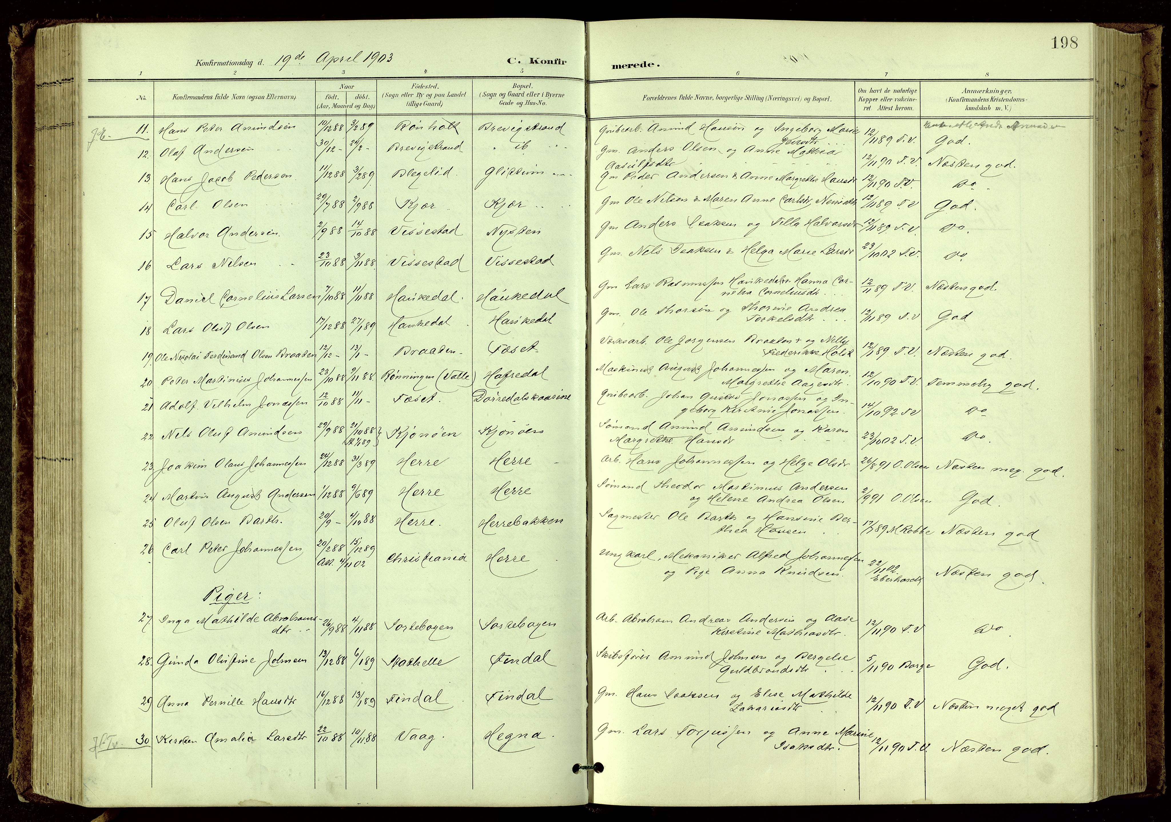 Bamble kirkebøker, SAKO/A-253/G/Ga/L0010: Parish register (copy) no. I 10, 1901-1919, p. 198