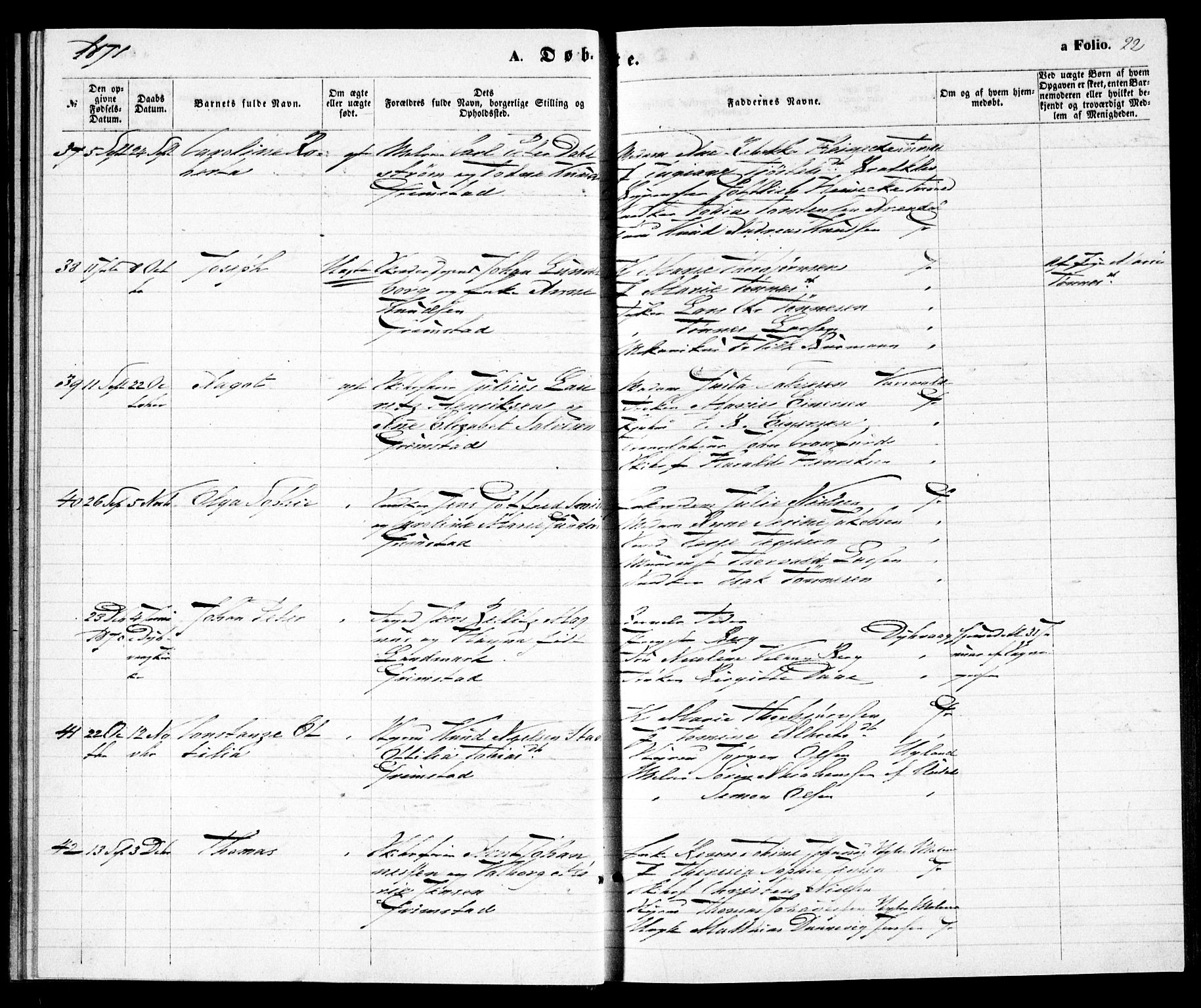 Grimstad sokneprestkontor, AV/SAK-1111-0017/F/Fa/L0002: Parish register (official) no. A 1, 1869-1881, p. 22