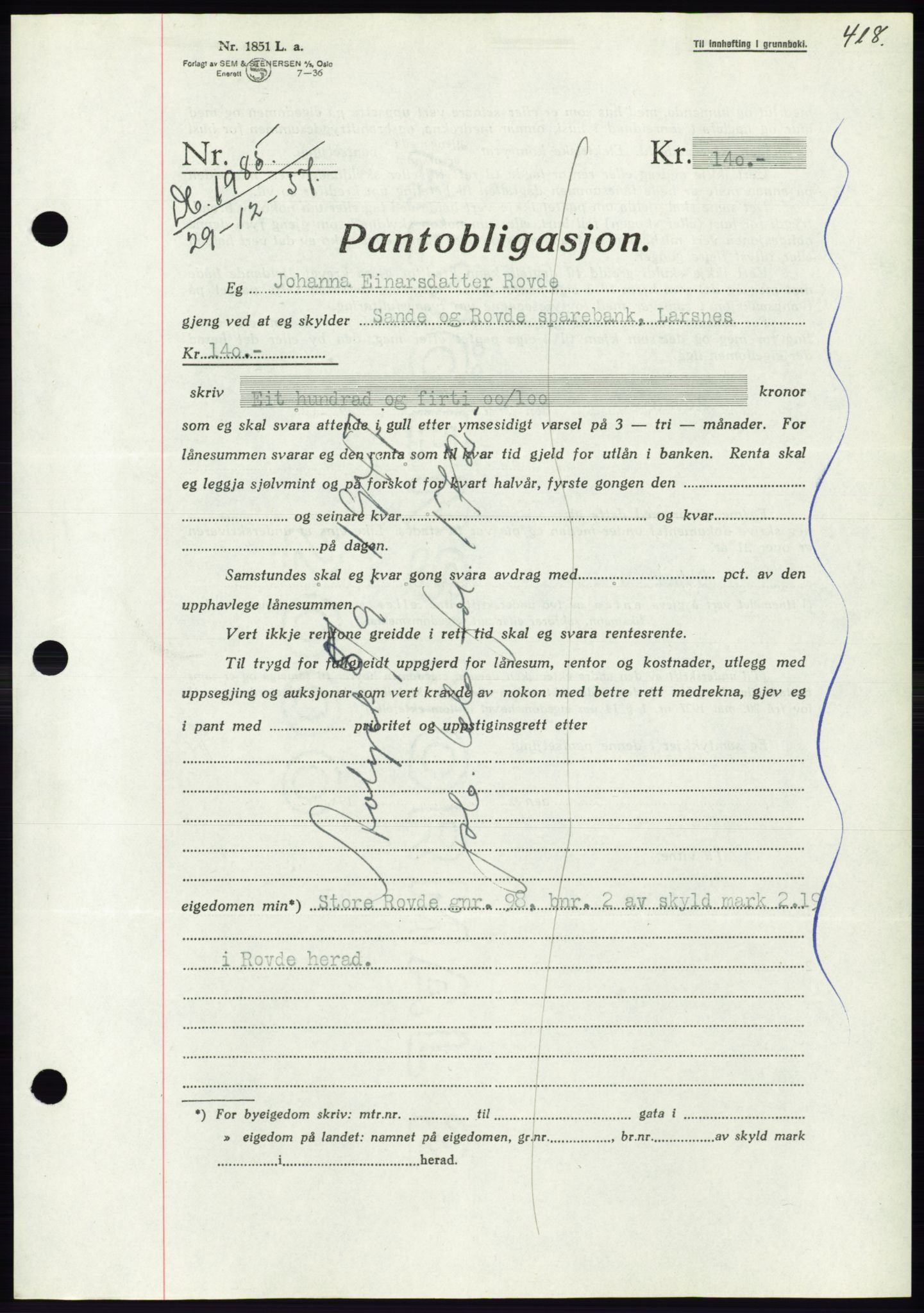 Søre Sunnmøre sorenskriveri, AV/SAT-A-4122/1/2/2C/L0064: Mortgage book no. 58, 1937-1938, Diary no: : 1985/1937