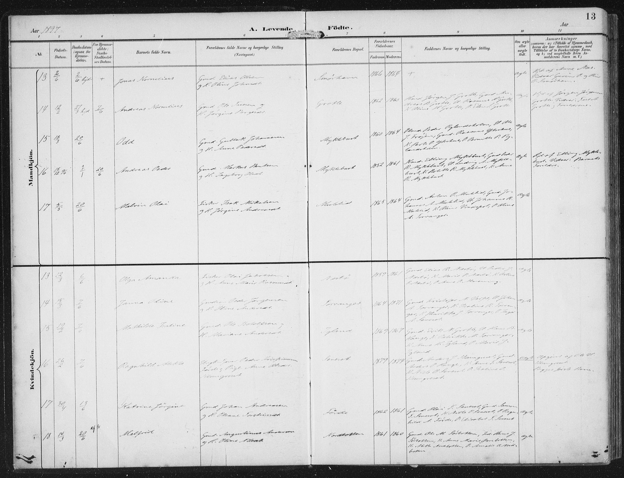 Bremanger sokneprestembete, AV/SAB-A-82201/H/Haa/Haab/L0002: Parish register (official) no. B  2, 1896-1908, p. 13