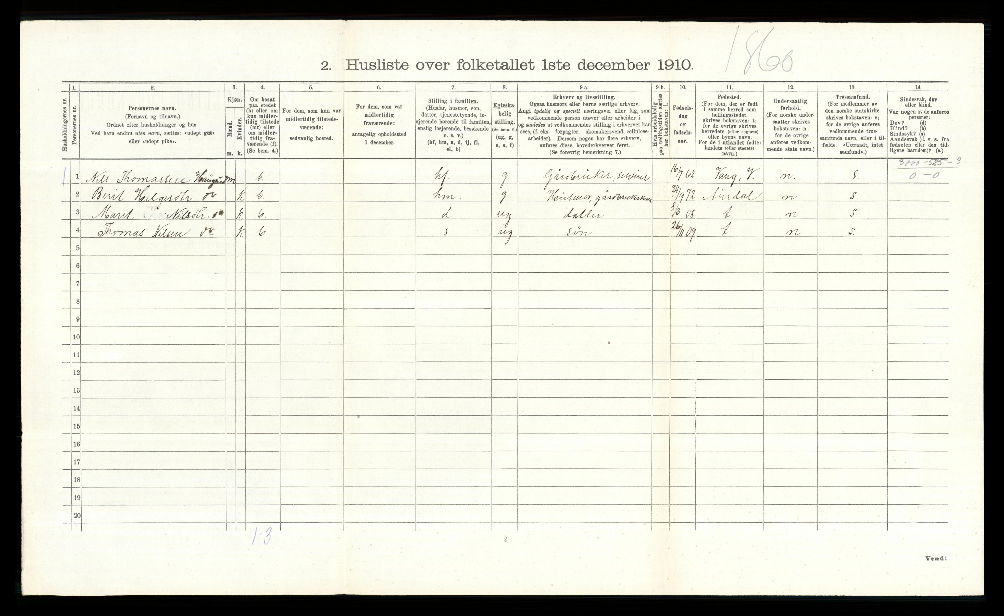 RA, 1910 census for Vestre Slidre, 1910, p. 354