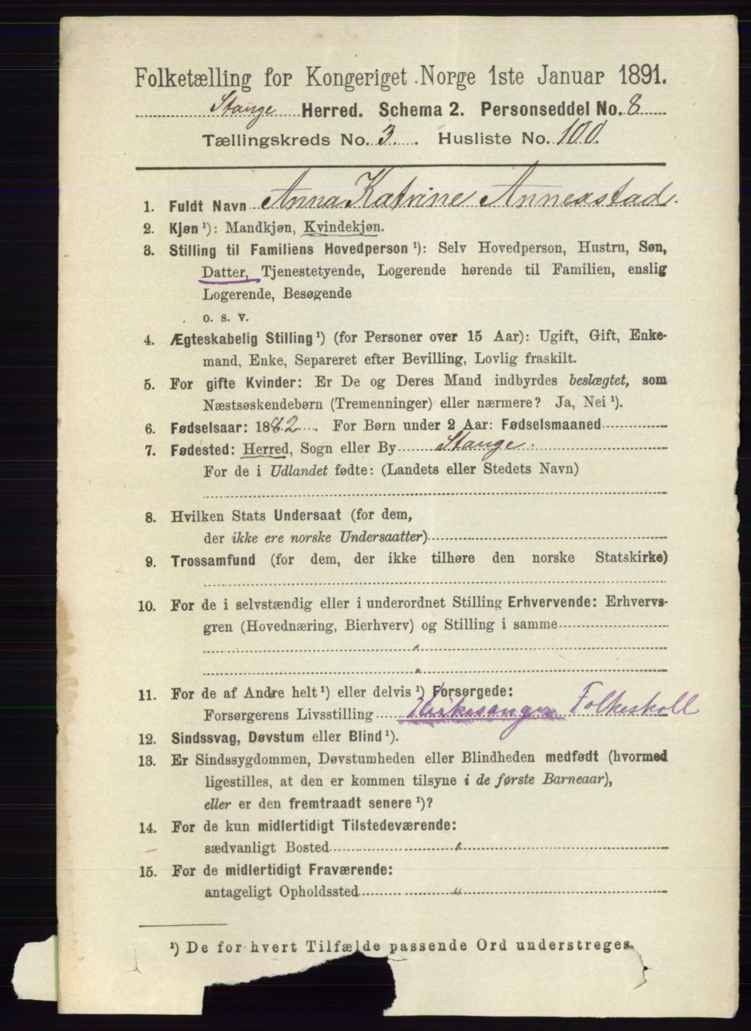 RA, 1891 census for 0417 Stange, 1891, p. 2221