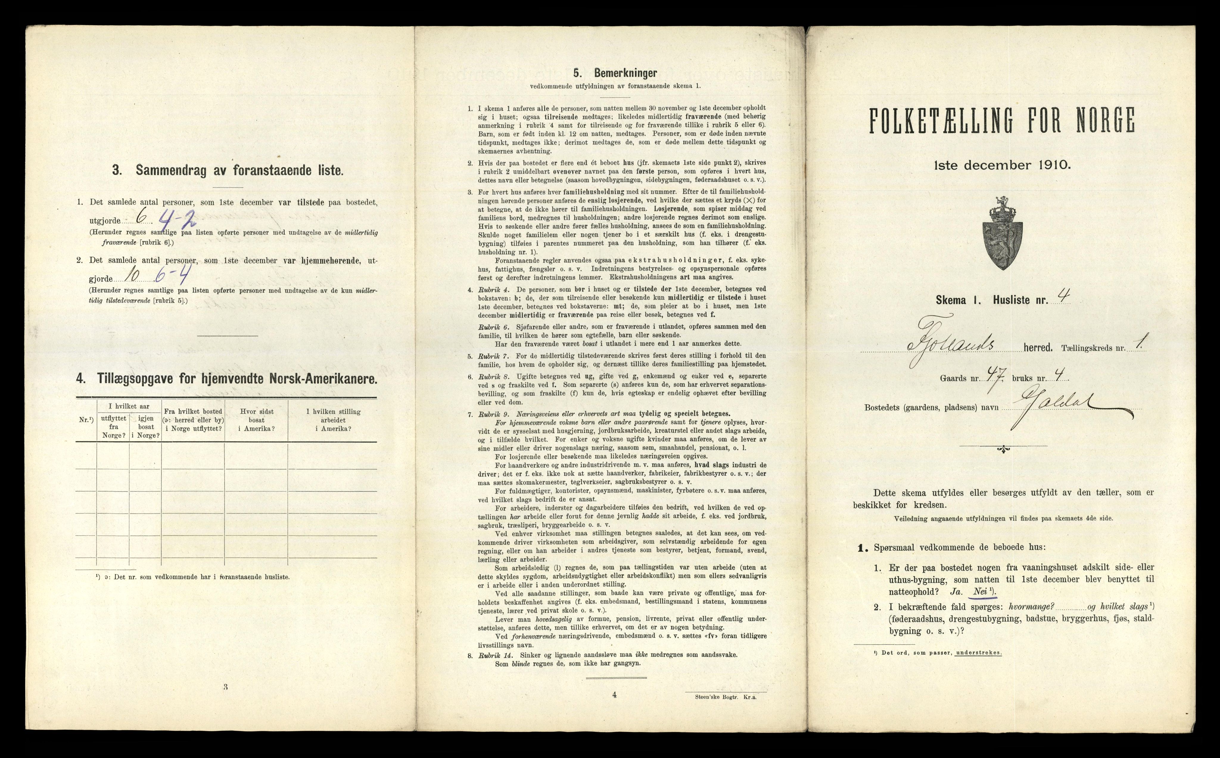 RA, 1910 census for Fjotland, 1910, p. 42