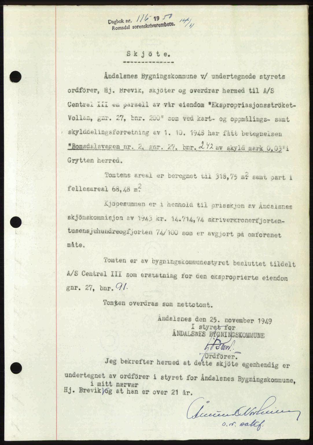 Romsdal sorenskriveri, AV/SAT-A-4149/1/2/2C: Mortgage book no. A32, 1950-1950, Diary no: : 116/1950