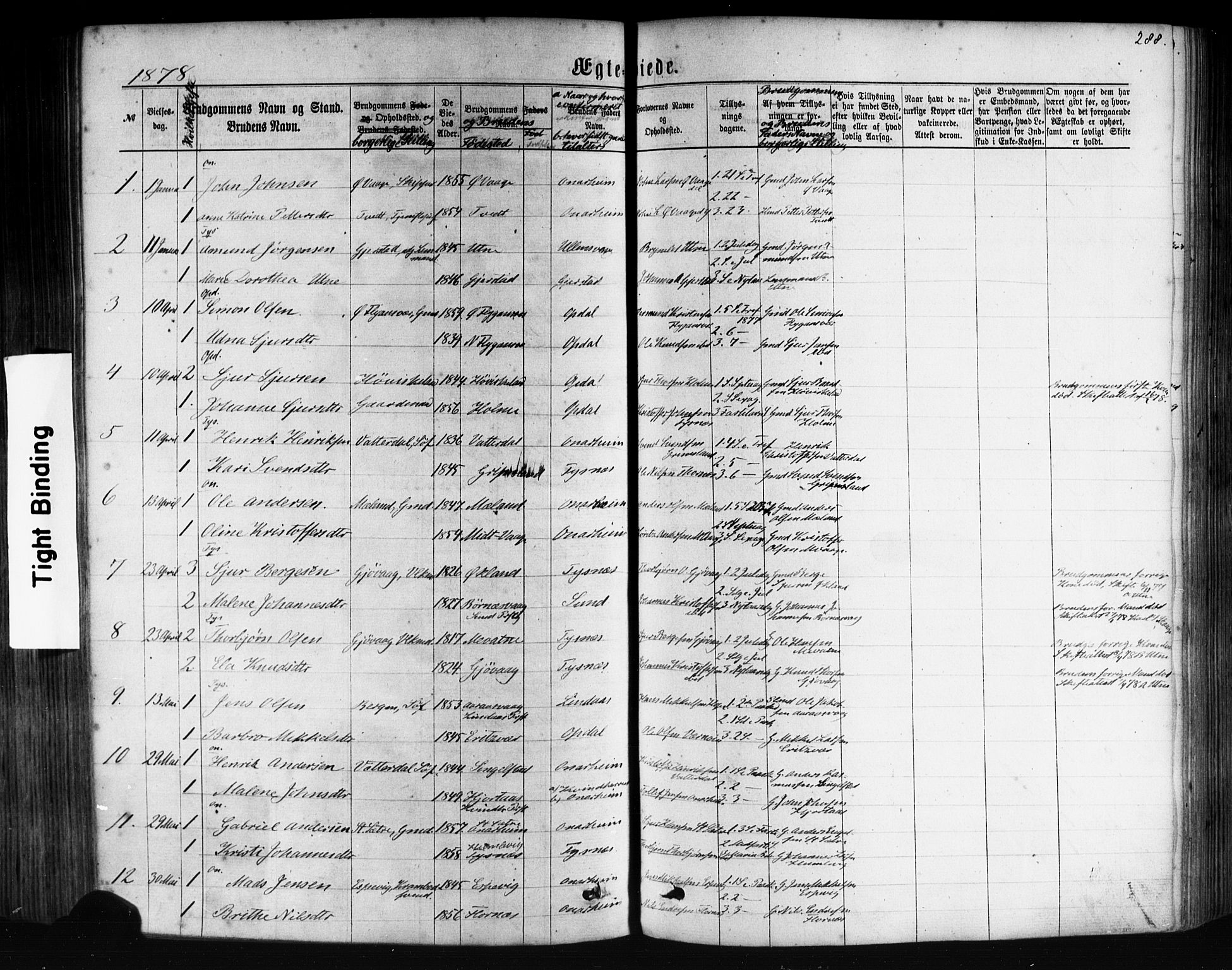 Tysnes sokneprestembete, AV/SAB-A-78601/H/Haa: Parish register (official) no. A 12, 1872-1886, p. 288