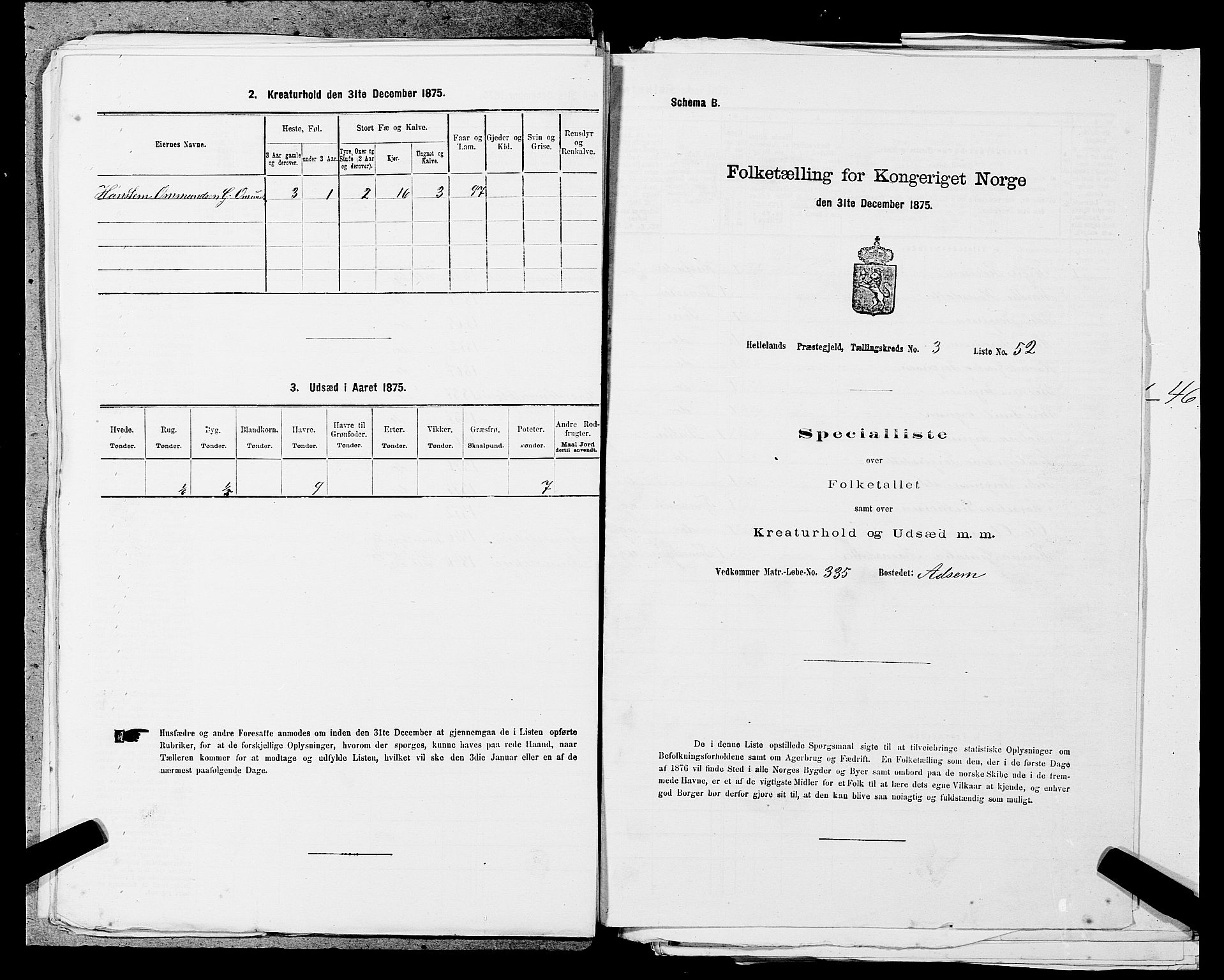 SAST, 1875 census for 1115P Helleland, 1875, p. 877