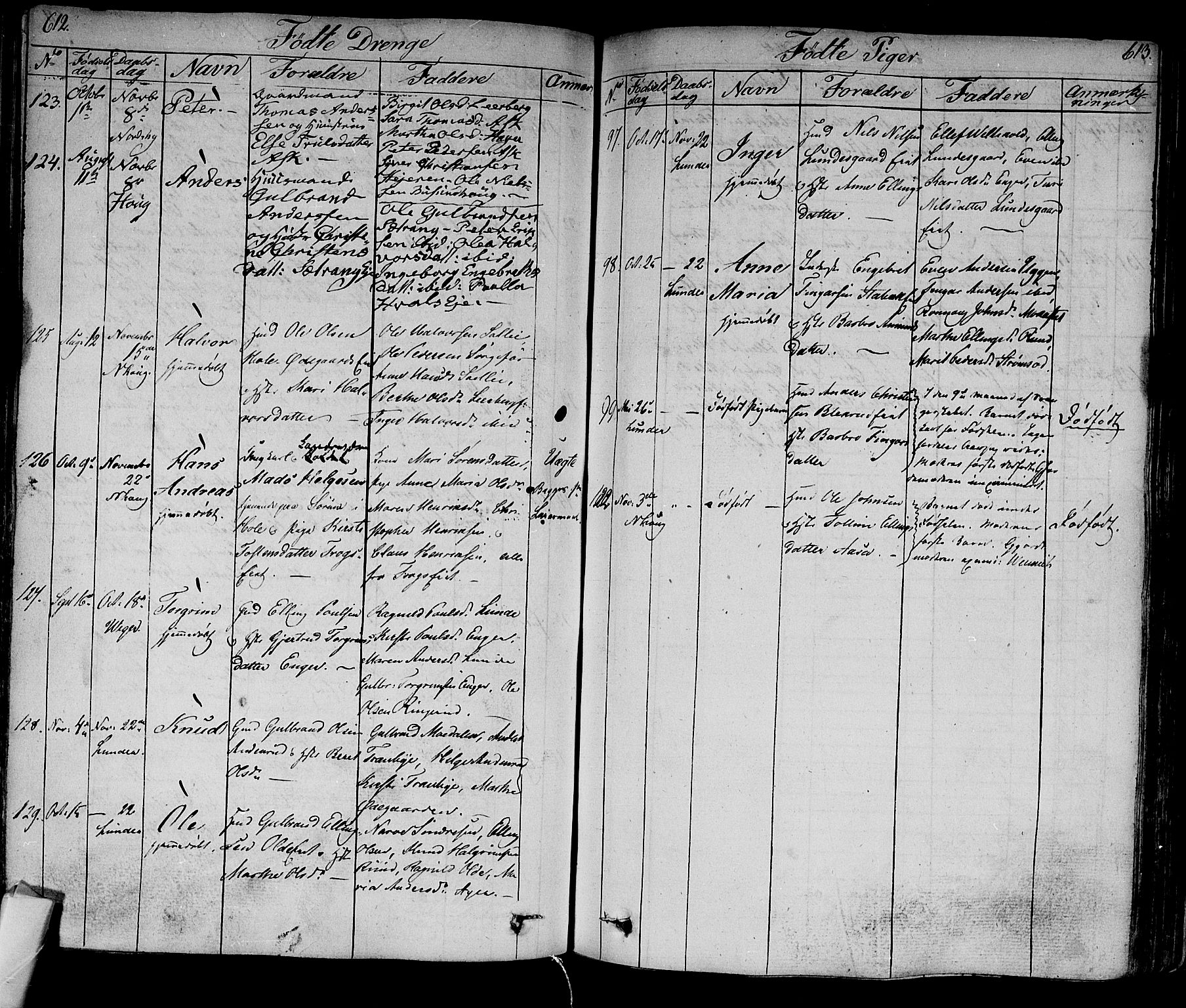 Norderhov kirkebøker, AV/SAKO-A-237/F/Fa/L0009: Parish register (official) no. 9, 1819-1837, p. 612-613