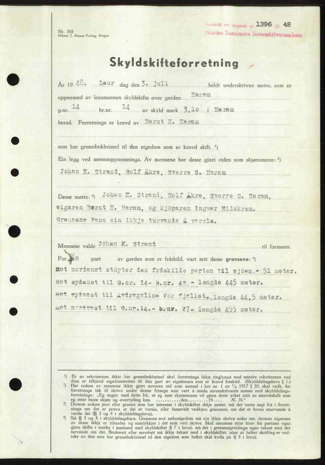 Nordre Sunnmøre sorenskriveri, AV/SAT-A-0006/1/2/2C/2Ca: Mortgage book no. A28, 1948-1948, Diary no: : 1396/1948