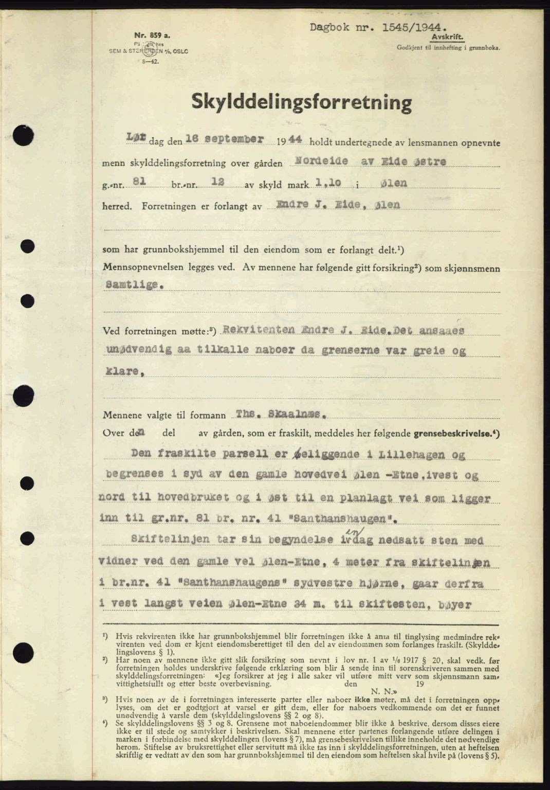 Sunnhordland sorenskrivar, AV/SAB-A-2401: Mortgage book no. A76, 1944-1945, Diary no: : 1545/1944