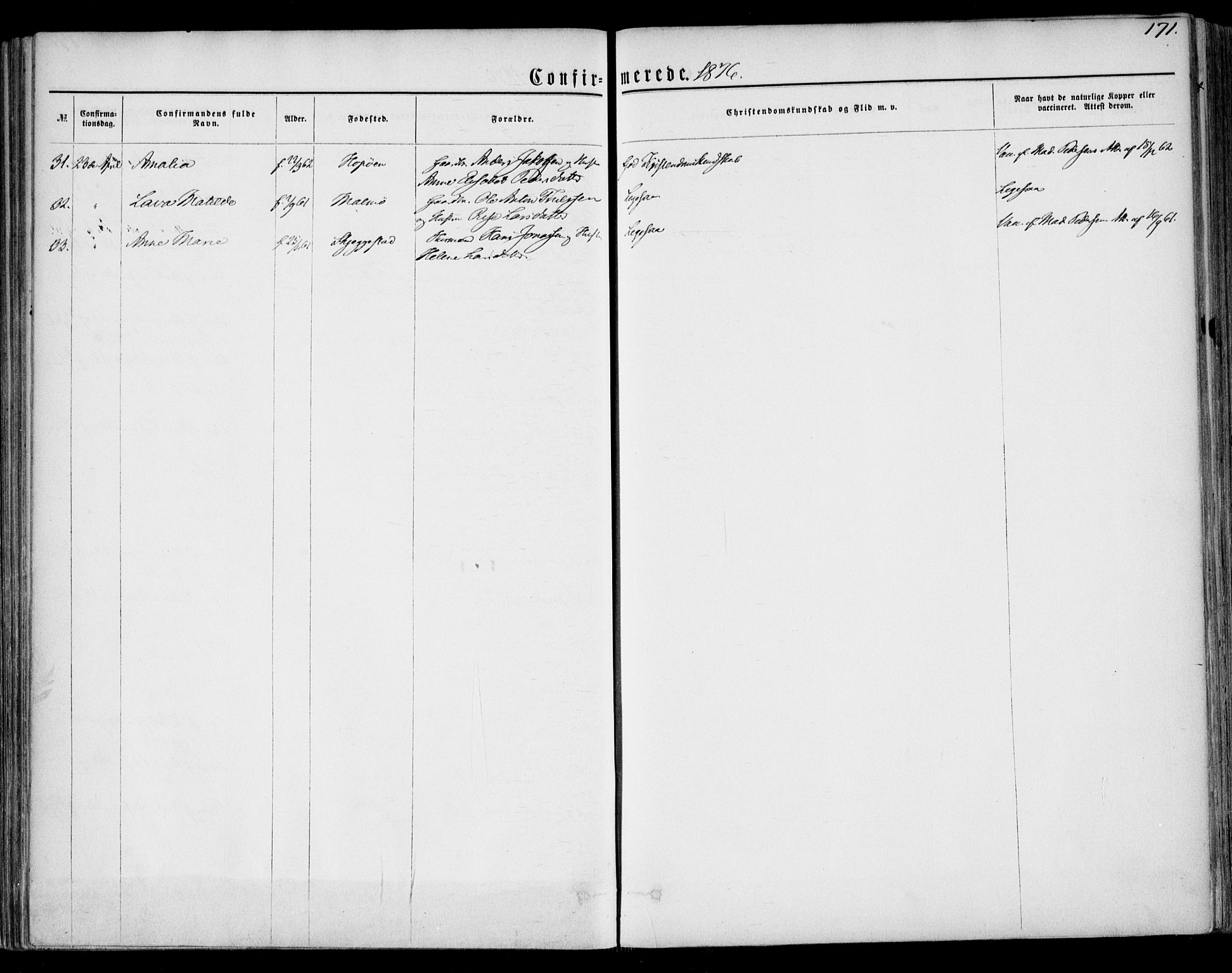 Tjølling kirkebøker, AV/SAKO-A-60/F/Fa/L0007: Parish register (official) no. 7, 1860-1876, p. 171