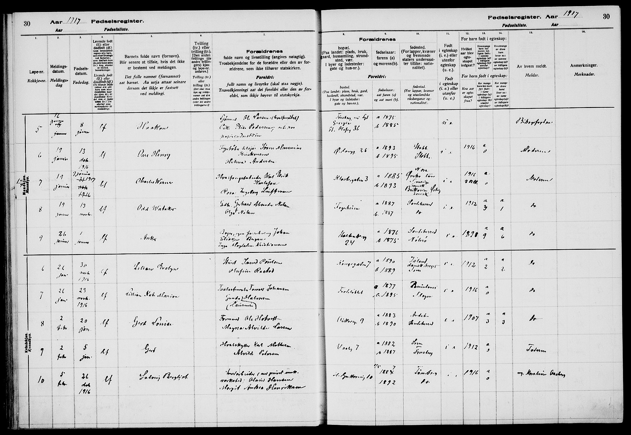 Tønsberg kirkebøker, AV/SAKO-A-330/J/Ja/L0001: Birth register no. 1, 1916-1922, p. 30