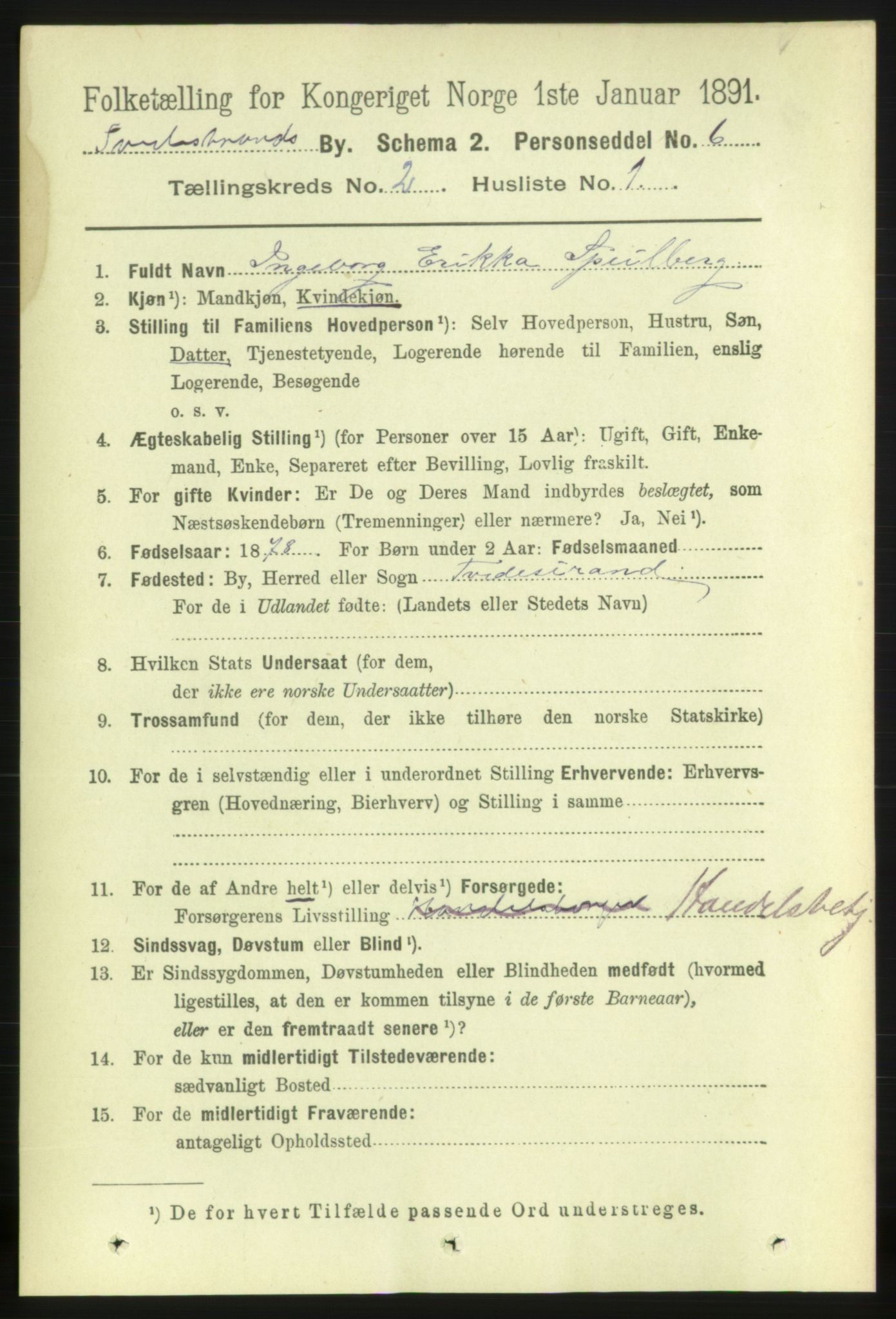 RA, 1891 census for 0902 Tvedestrand, 1891, p. 1361