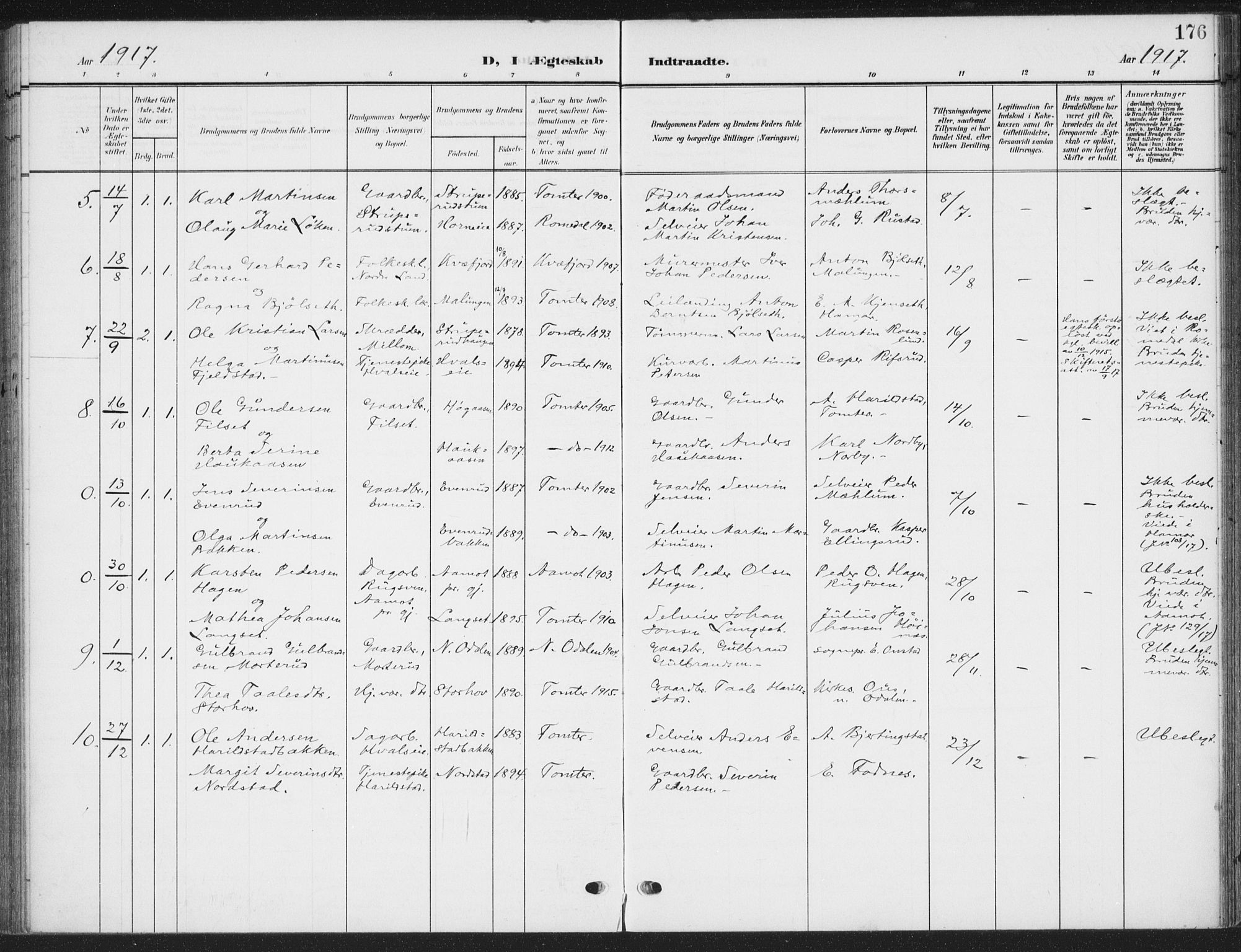 Romedal prestekontor, SAH/PREST-004/K/L0009: Parish register (official) no. 9, 1906-1929, p. 176