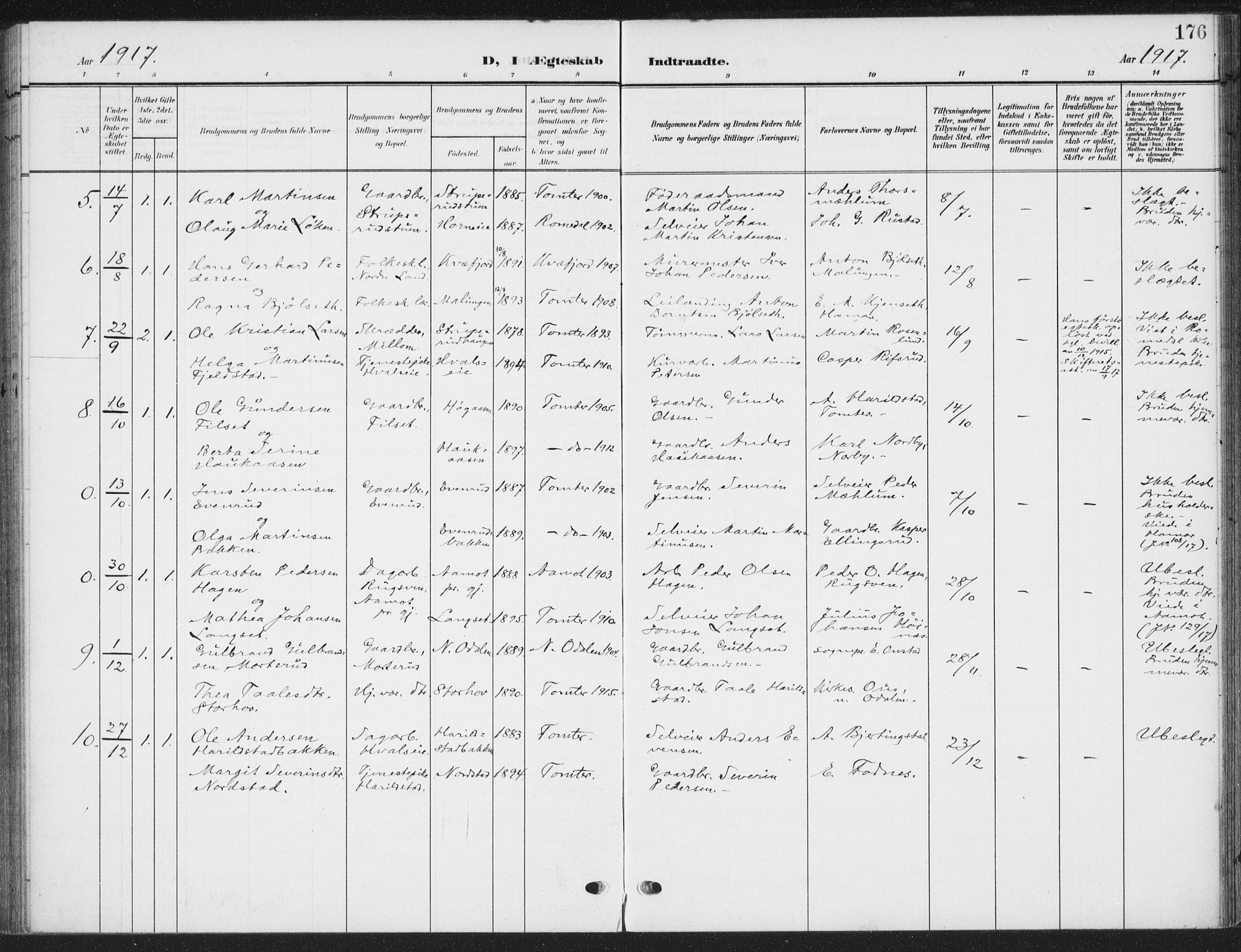 Romedal prestekontor, AV/SAH-PREST-004/K/L0009: Parish register (official) no. 9, 1906-1929, p. 176