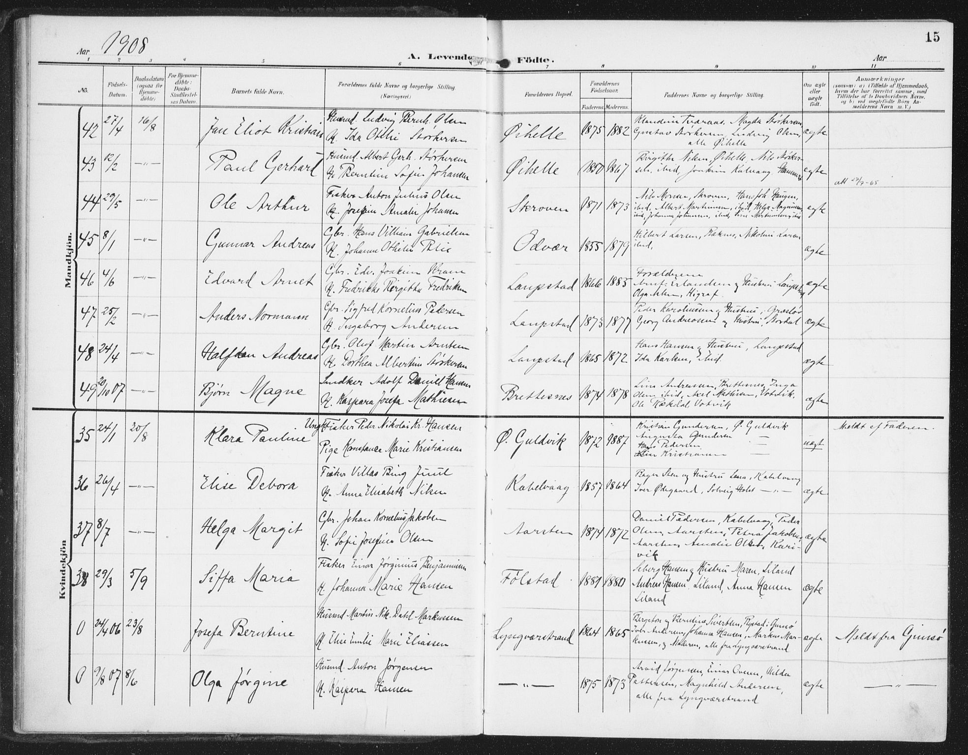 Ministerialprotokoller, klokkerbøker og fødselsregistre - Nordland, AV/SAT-A-1459/874/L1063: Parish register (official) no. 874A07, 1907-1915, p. 15