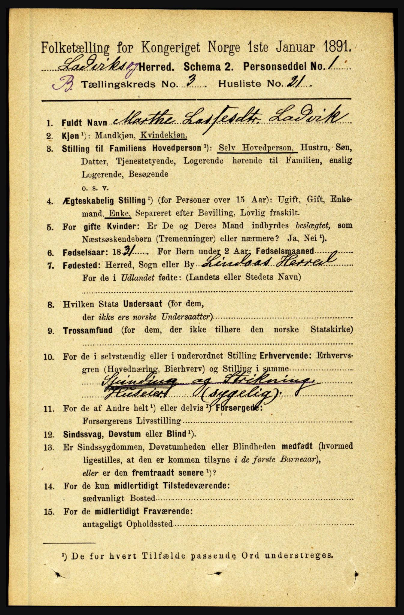 RA, 1891 census for 1415 Lavik og Brekke, 1891, p. 624