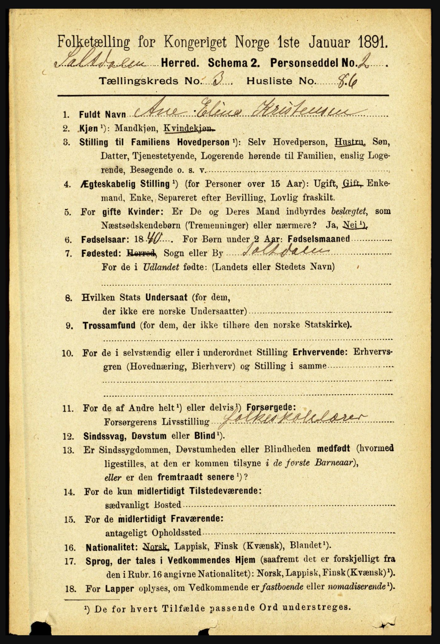 RA, 1891 census for 1840 Saltdal, 1891, p. 2256