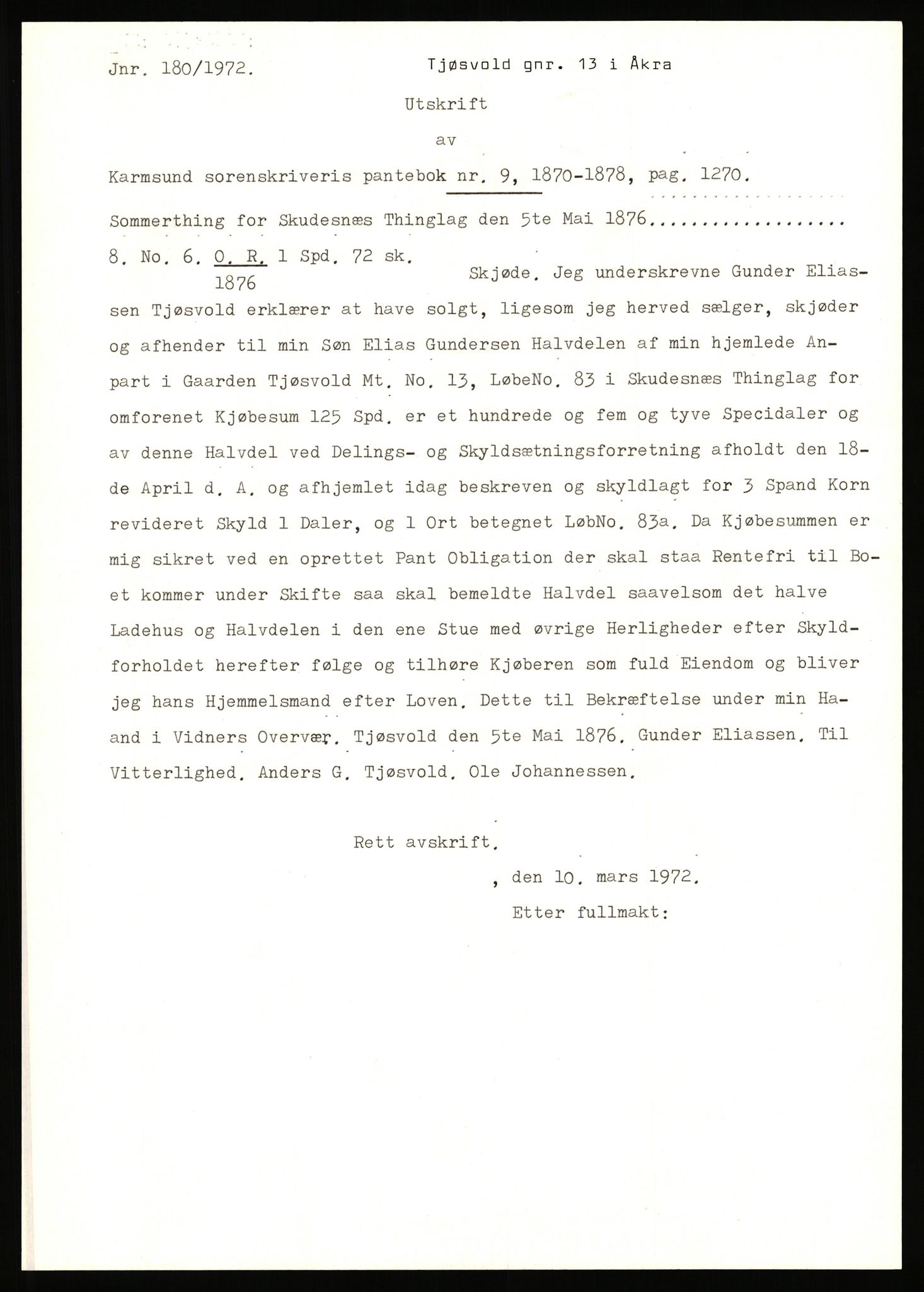 Statsarkivet i Stavanger, AV/SAST-A-101971/03/Y/Yj/L0087: Avskrifter sortert etter gårdsnavn: Tjemsland nordre - Todhammer, 1750-1930, p. 400