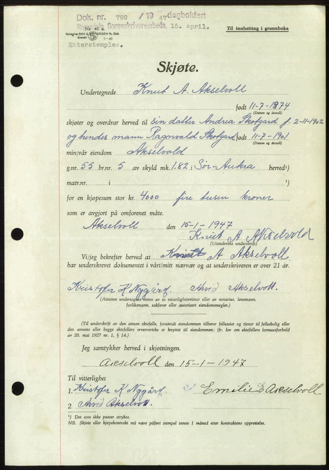 Romsdal sorenskriveri, SAT/A-4149/1/2/2C: Mortgage book no. A22, 1947-1947, Diary no: : 792/1947