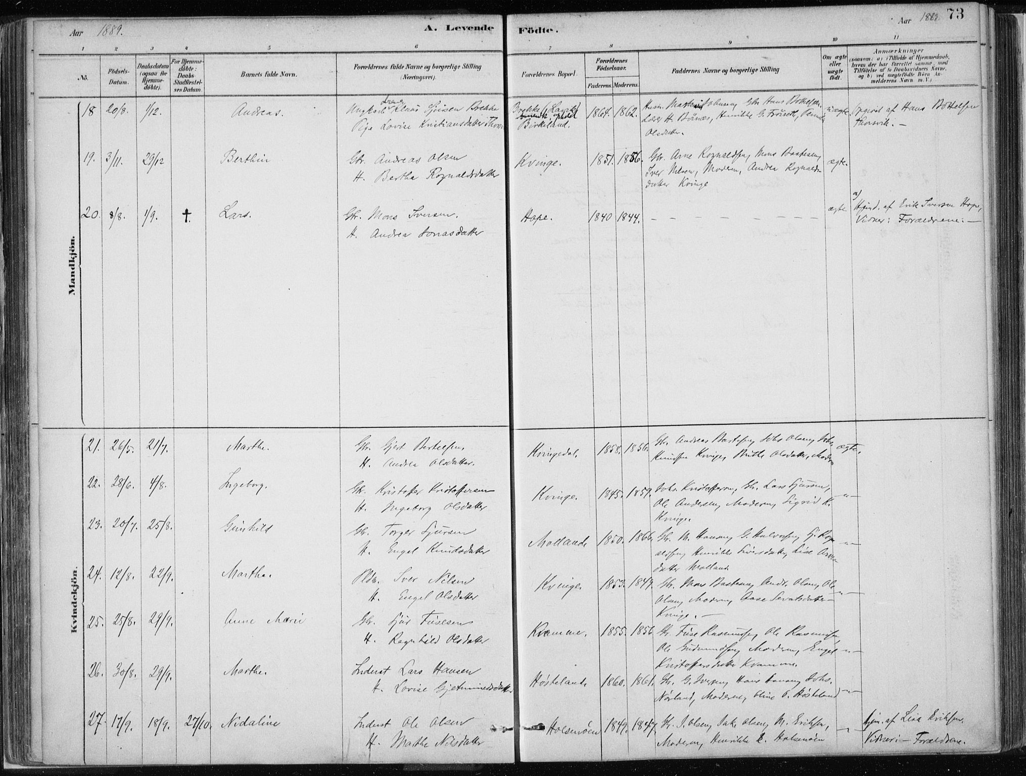 Masfjorden Sokneprestembete, SAB/A-77001: Parish register (official) no. B  1, 1876-1899, p. 73